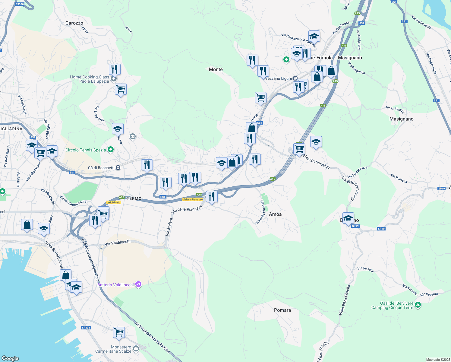 map of restaurants, bars, coffee shops, grocery stores, and more near 912 Via Sarzana in La Spezia