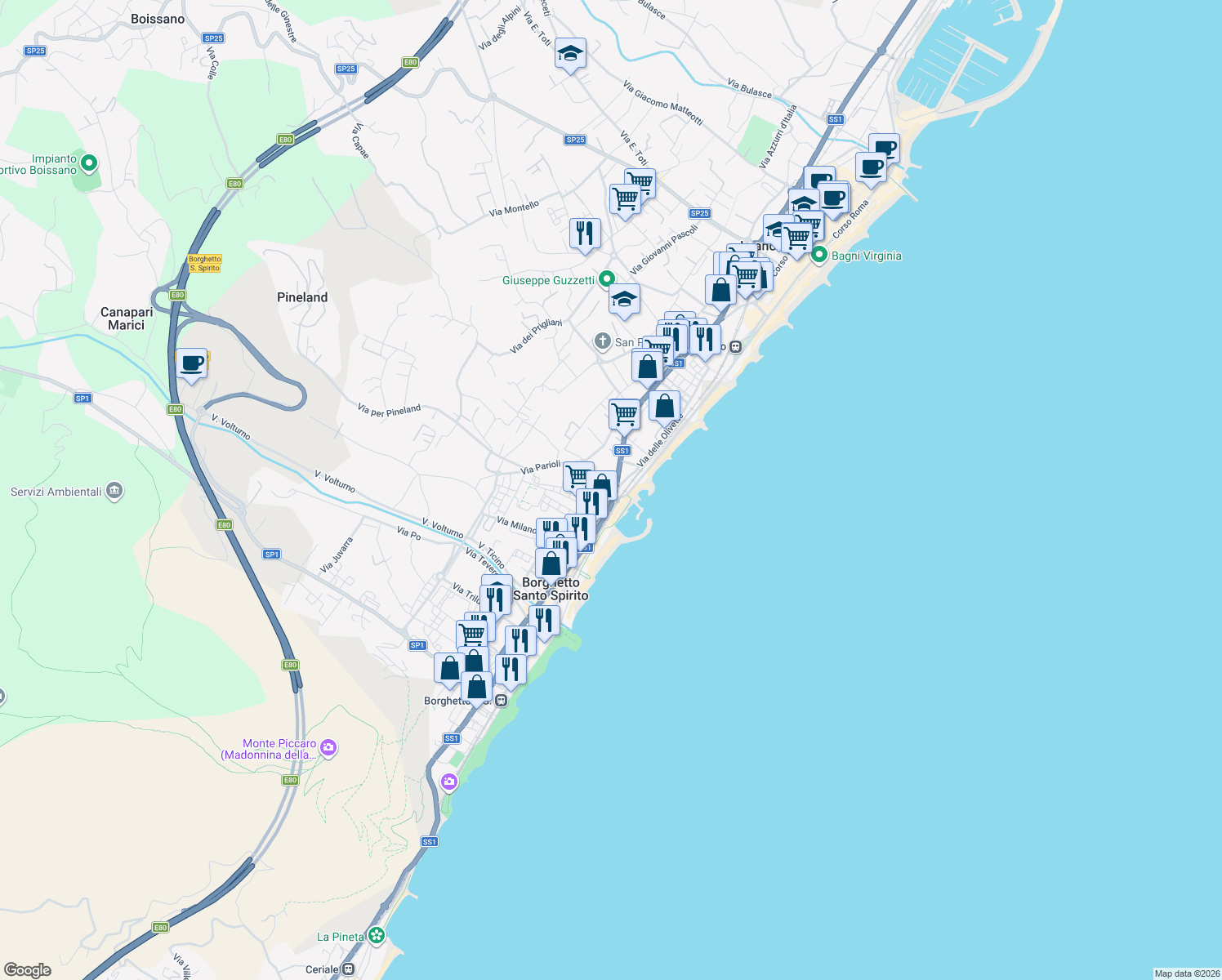 map of restaurants, bars, coffee shops, grocery stores, and more near Lungomare Marconi in Borghetto Santo Spirito