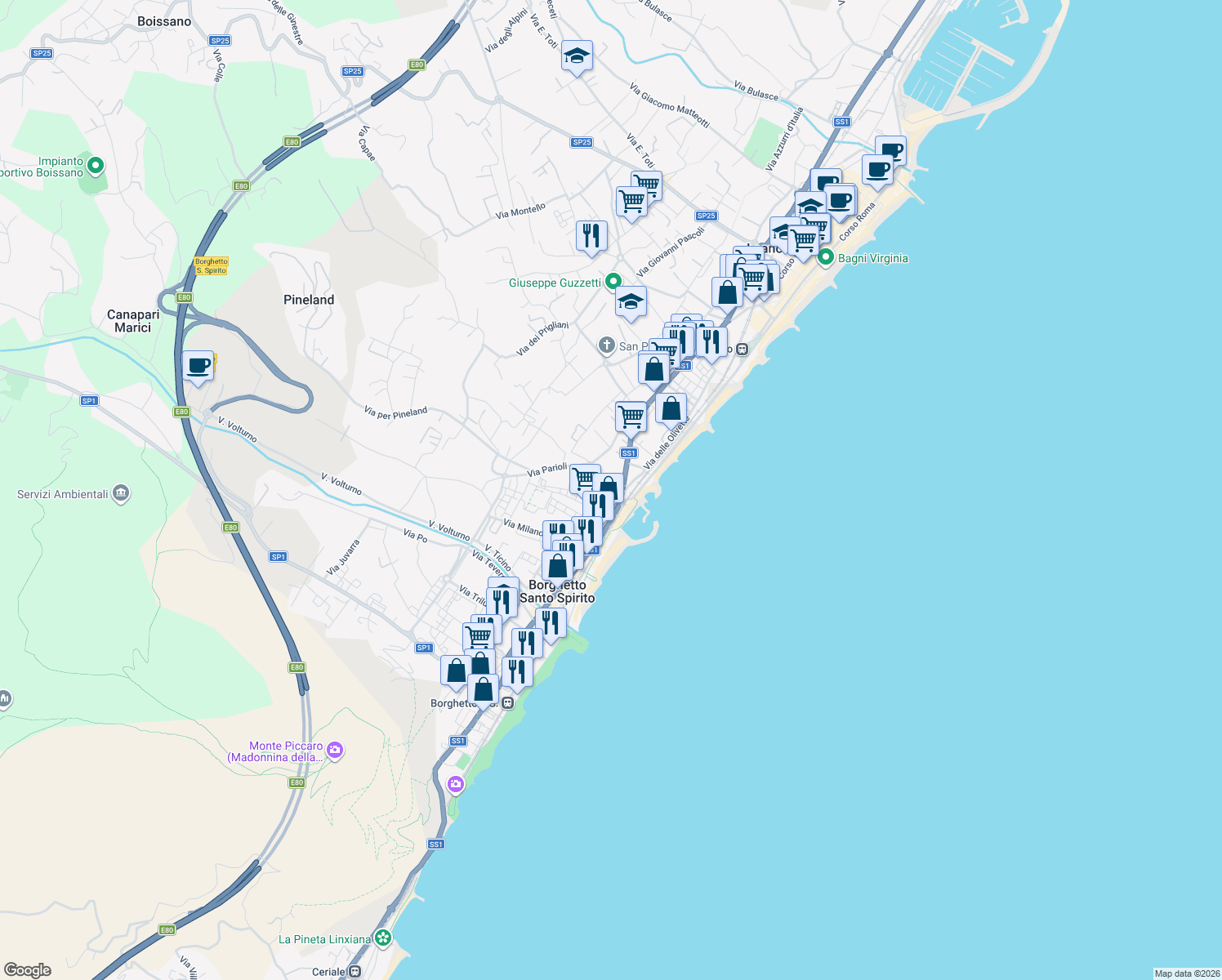 map of restaurants, bars, coffee shops, grocery stores, and more near Lungomare Marconi in Borghetto Santo Spirito