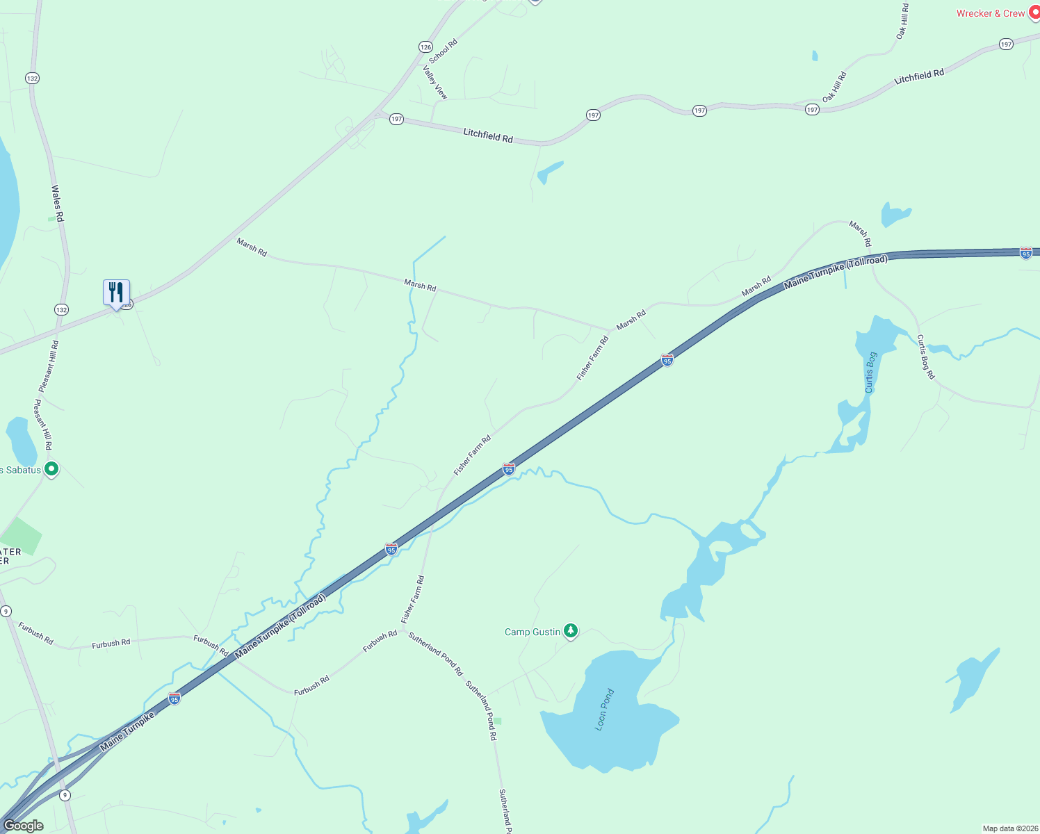 map of restaurants, bars, coffee shops, grocery stores, and more near 195 Fisher Farm Road in Sabattus