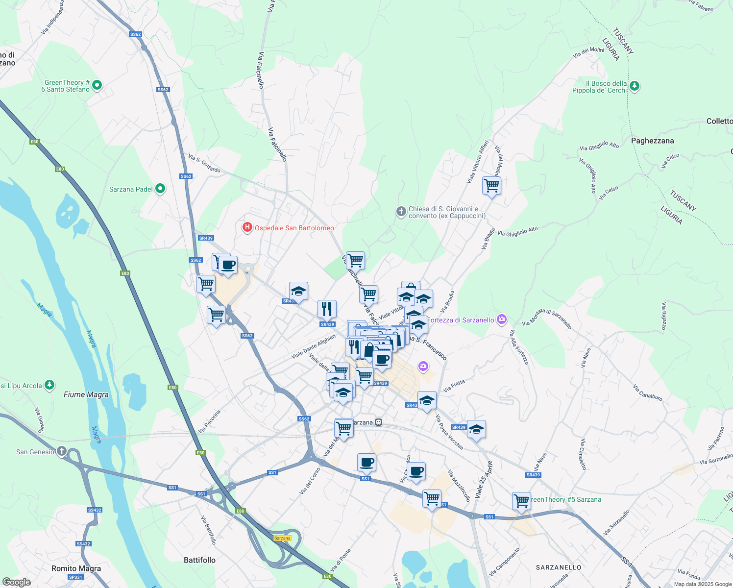 map of restaurants, bars, coffee shops, grocery stores, and more near 9 Via Villefranche de Rouergue in Sarzana