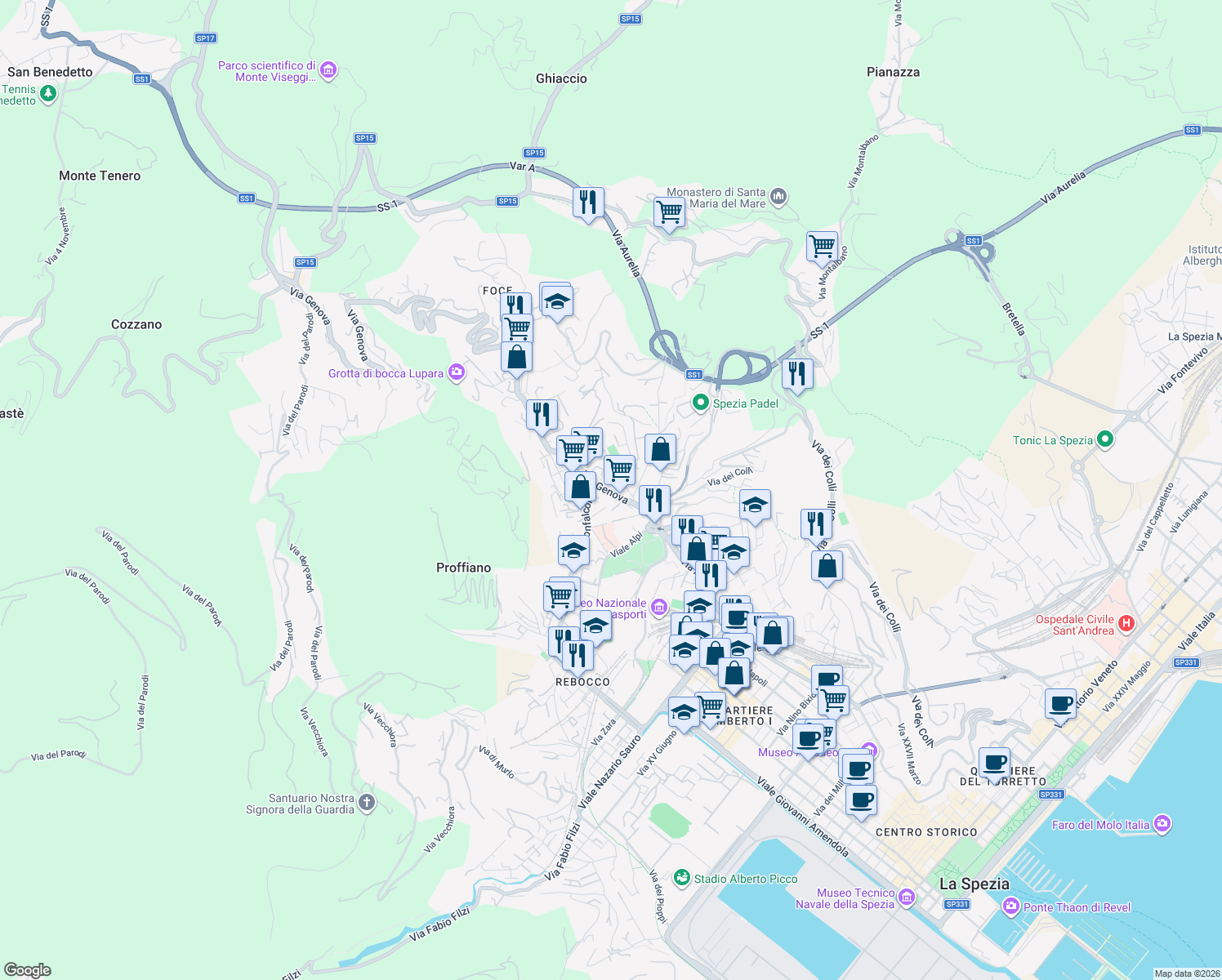map of restaurants, bars, coffee shops, grocery stores, and more near 8 Via G. Emanuele Castrucci in La Spezia
