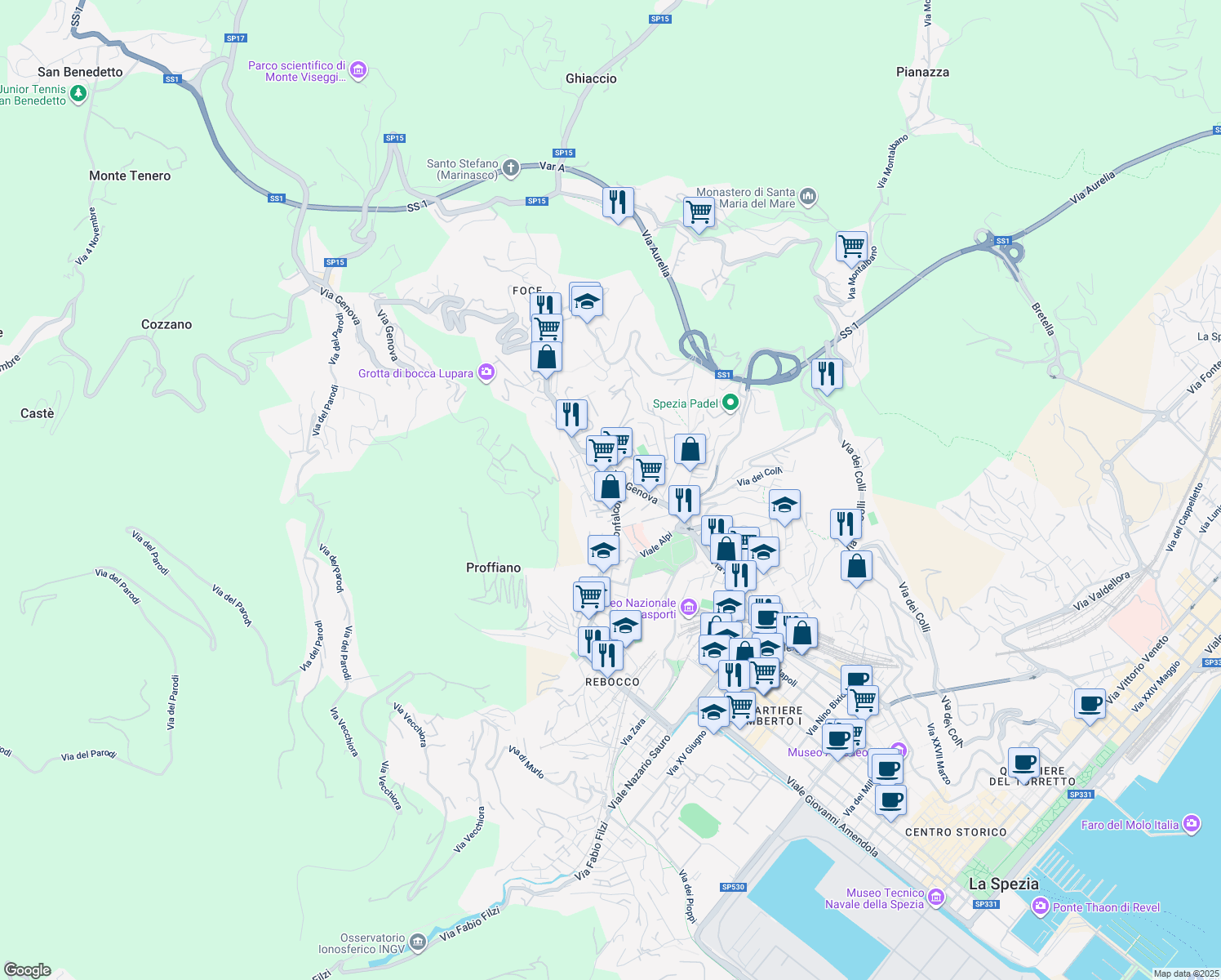 map of restaurants, bars, coffee shops, grocery stores, and more near 142 Via Genova in La Spezia