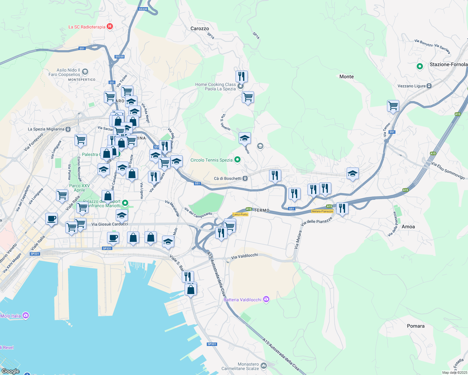map of restaurants, bars, coffee shops, grocery stores, and more near 1 Via Corticola in La Spezia