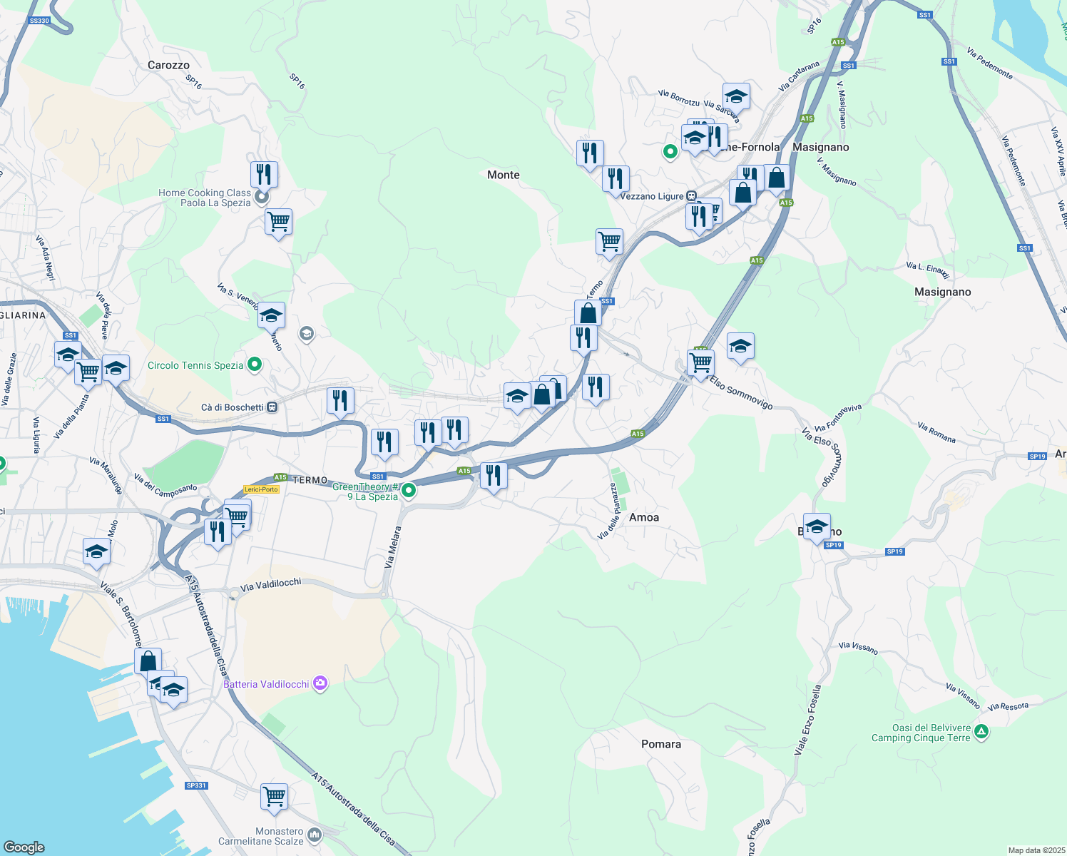 map of restaurants, bars, coffee shops, grocery stores, and more near 952 Via Sarzana in La Spezia
