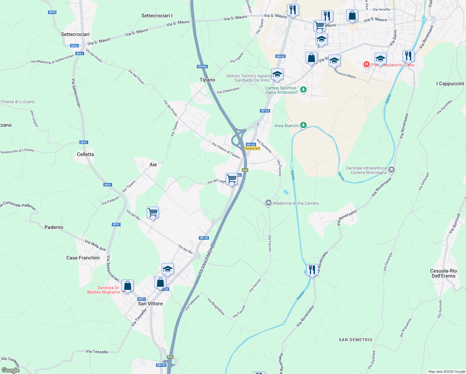 map of restaurants, bars, coffee shops, grocery stores, and more near 928 Via Vic. le del Laghetto in Cesena