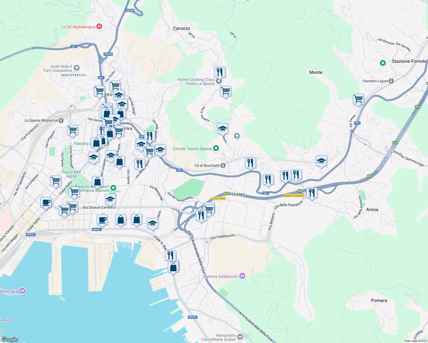 map of restaurants, bars, coffee shops, grocery stores, and more near 1 Via Corticola in La Spezia