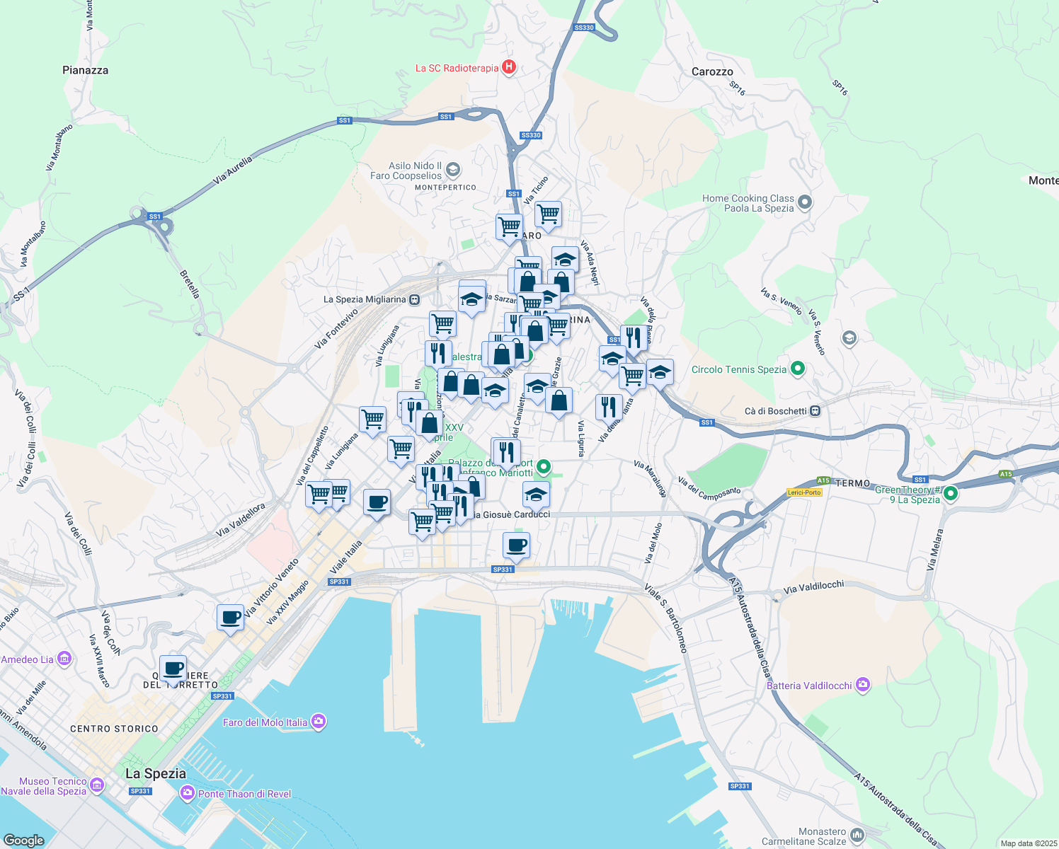 map of restaurants, bars, coffee shops, grocery stores, and more near Via Palmaria in La Spezia