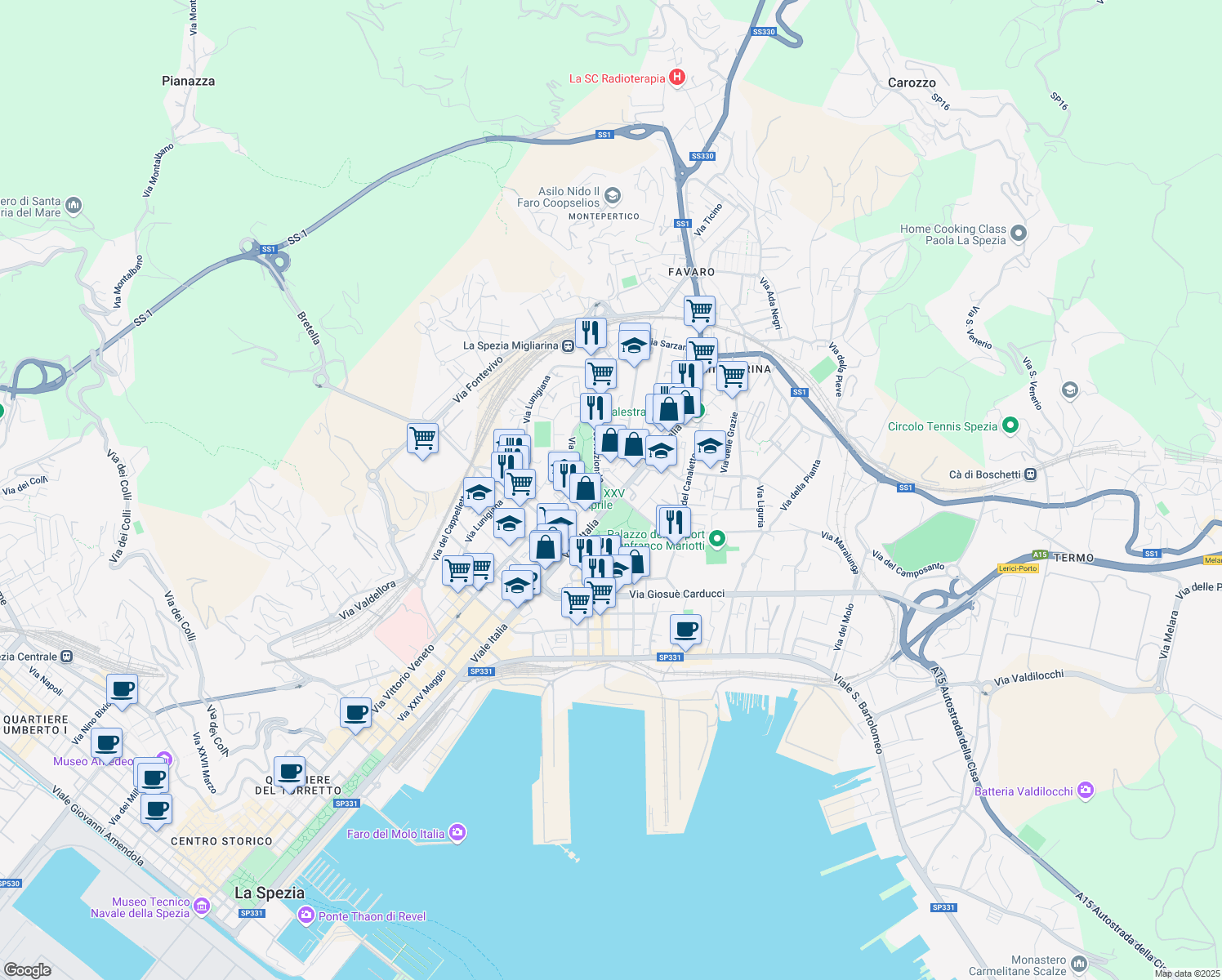 map of restaurants, bars, coffee shops, grocery stores, and more near 300 Viale Italia in La Spezia