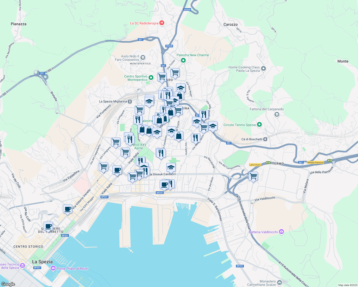 map of restaurants, bars, coffee shops, grocery stores, and more near 34 Via Bragarina in La Spezia