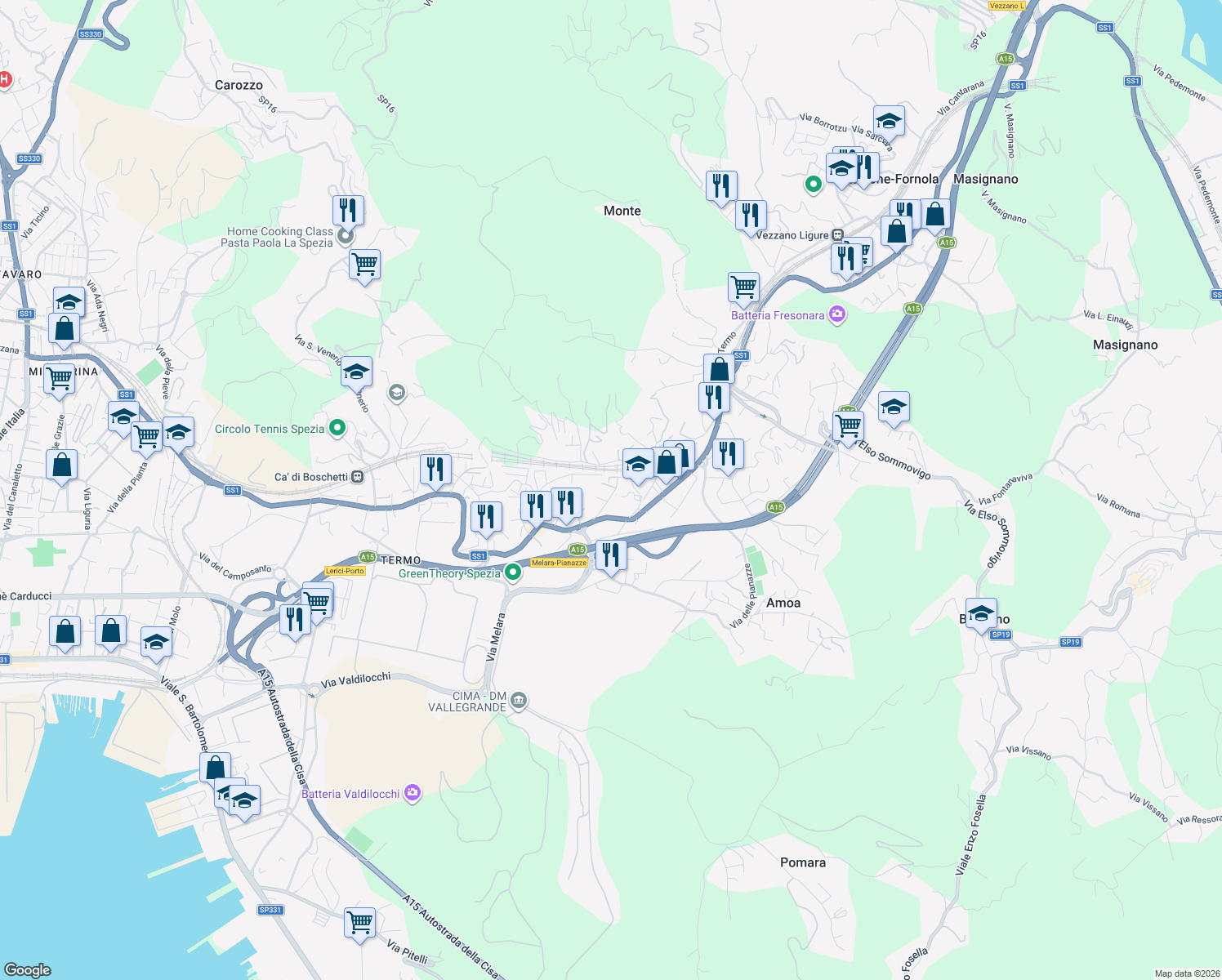 map of restaurants, bars, coffee shops, grocery stores, and more near 19 Via Pontegrande in La Spezia