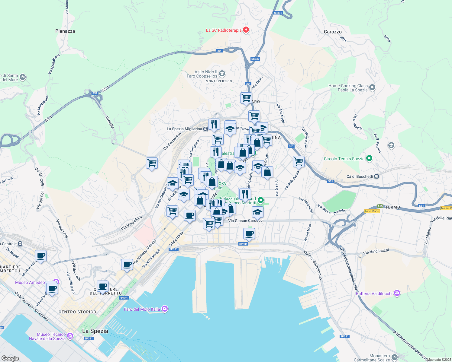 map of restaurants, bars, coffee shops, grocery stores, and more near 300 Viale Italia in La Spezia