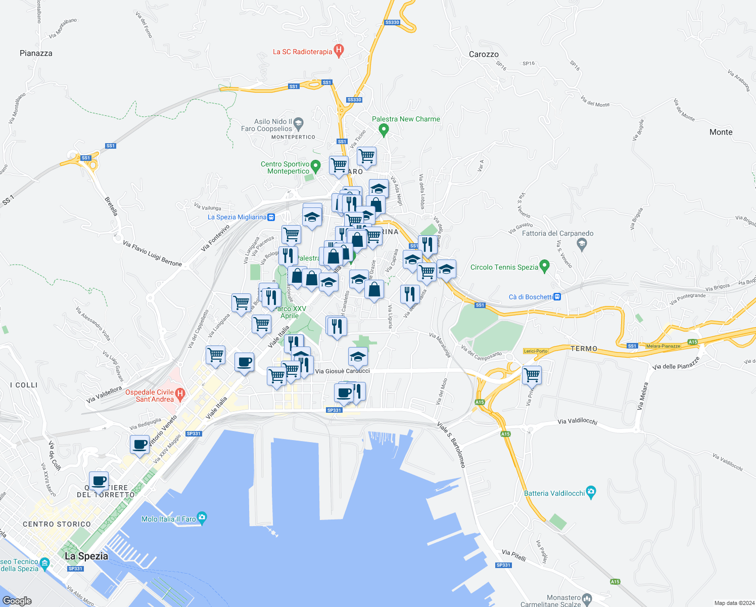 map of restaurants, bars, coffee shops, grocery stores, and more near 34 Via Bragarina in La Spezia