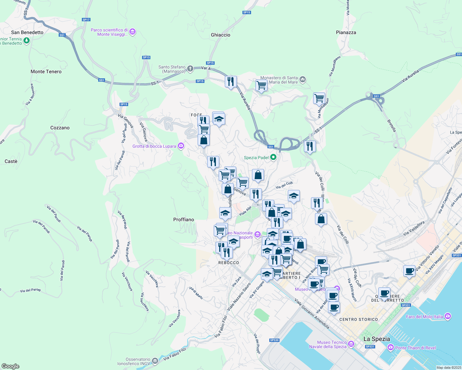 map of restaurants, bars, coffee shops, grocery stores, and more near 142 Via Genova in La Spezia