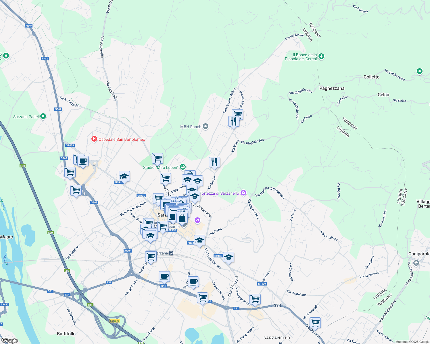 map of restaurants, bars, coffee shops, grocery stores, and more near 5 Via Bradia in Sarzana