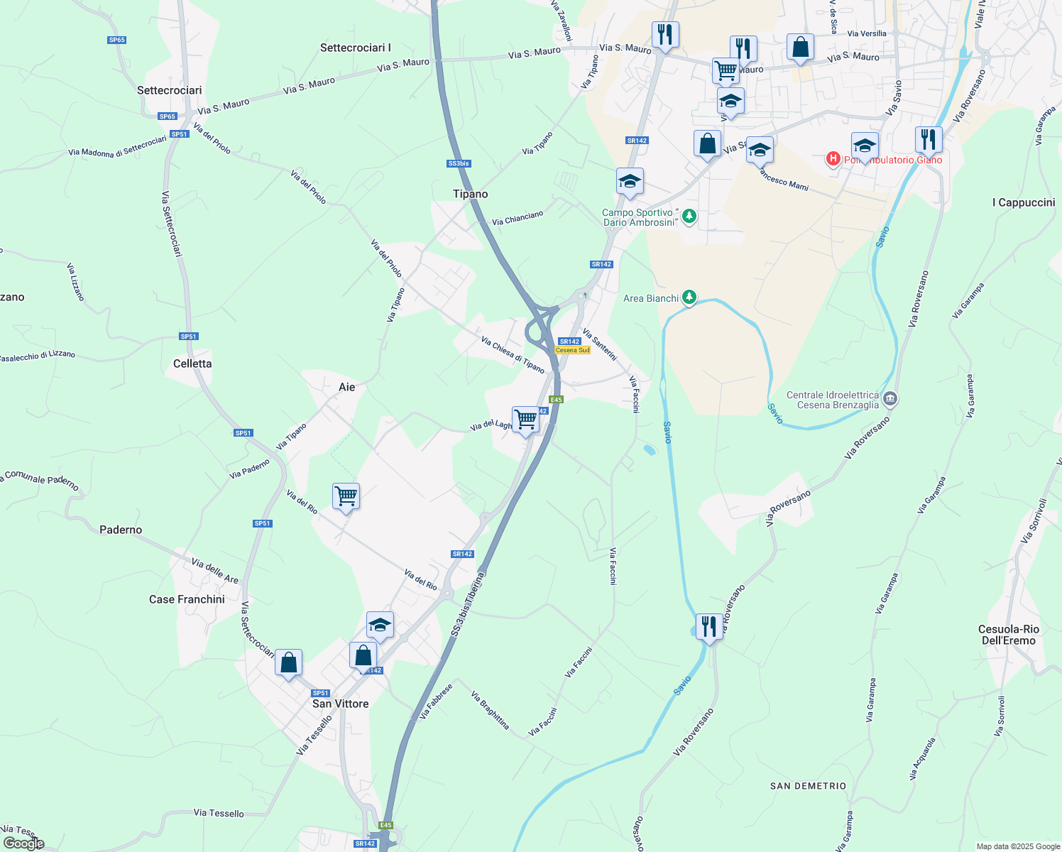 map of restaurants, bars, coffee shops, grocery stores, and more near 928 Via Vic. le del Laghetto in Cesena