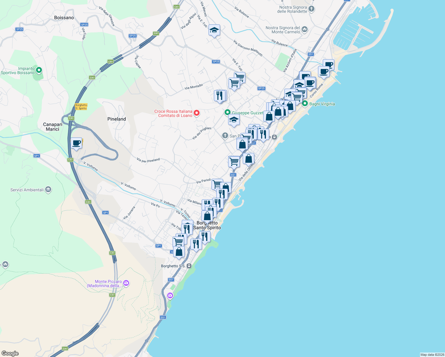 map of restaurants, bars, coffee shops, grocery stores, and more near 91 Via dei Pontassi in Loano
