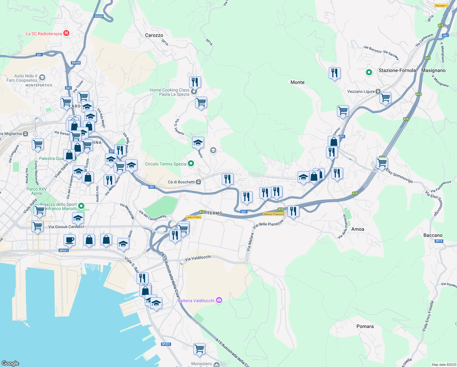 map of restaurants, bars, coffee shops, grocery stores, and more near 3 Via delle Ginestre in La Spezia