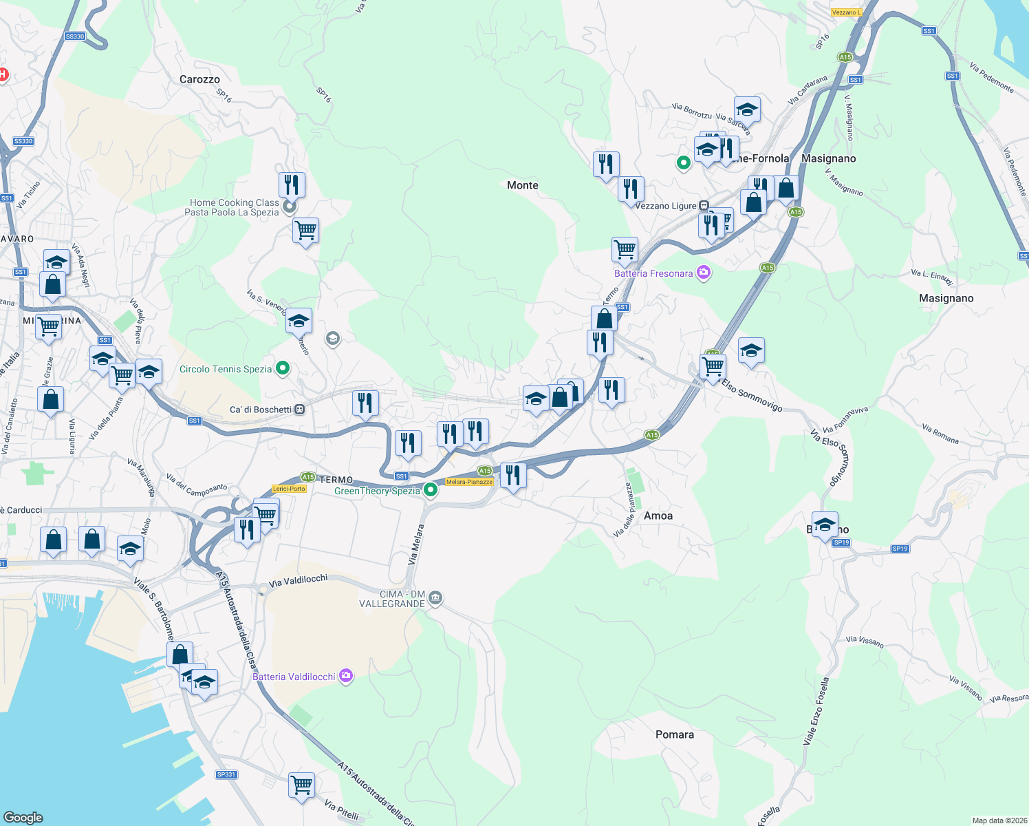 map of restaurants, bars, coffee shops, grocery stores, and more near 19 Via Pontegrande in La Spezia