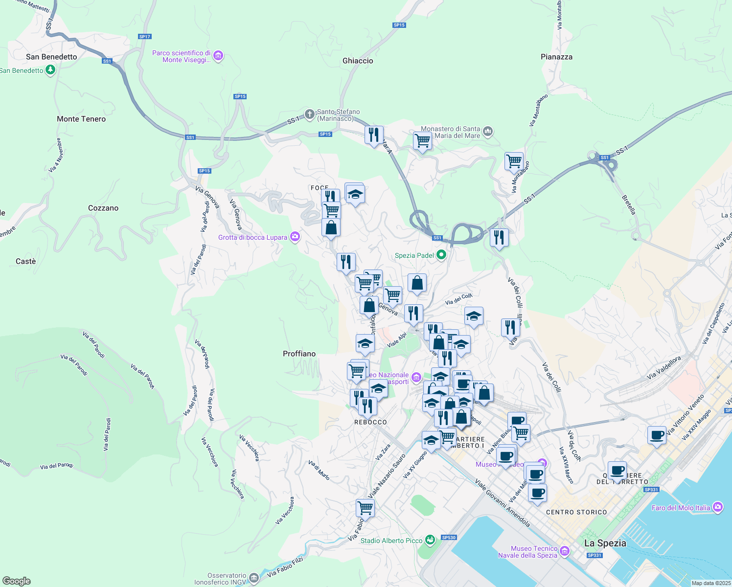 map of restaurants, bars, coffee shops, grocery stores, and more near 15 Via San Bernardo in La Spezia