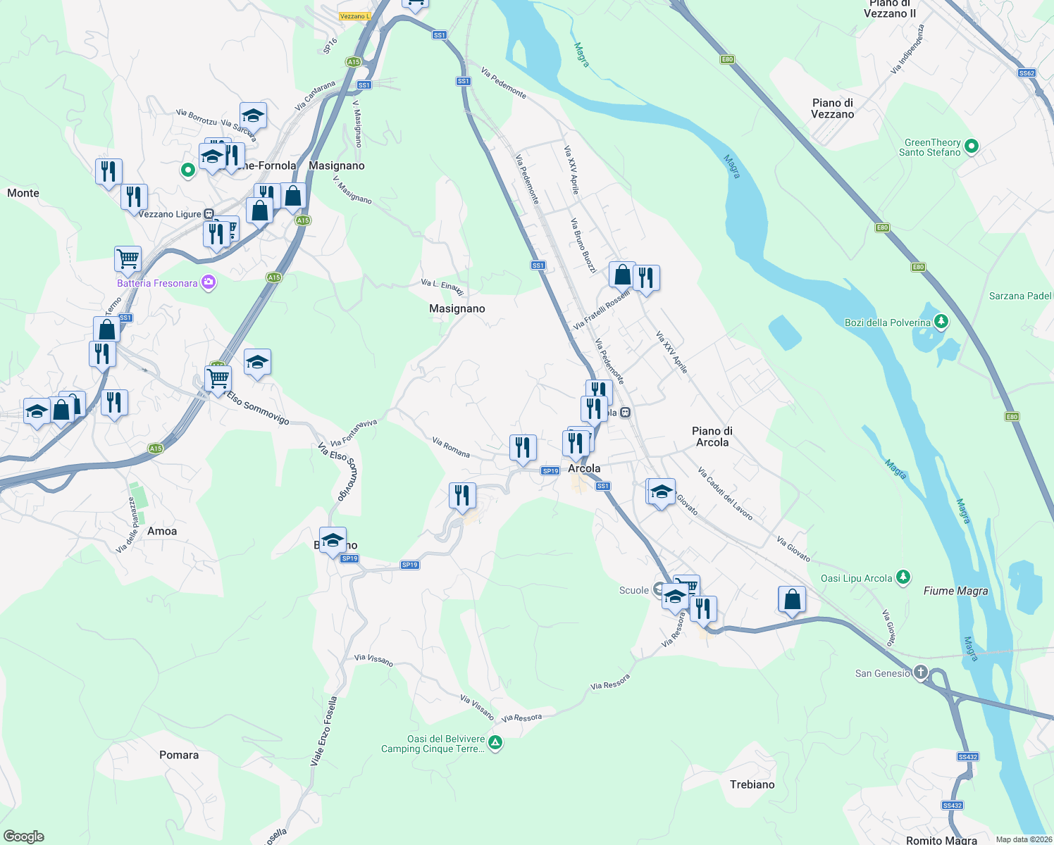 map of restaurants, bars, coffee shops, grocery stores, and more near 24 Via Morucciola in Arcola