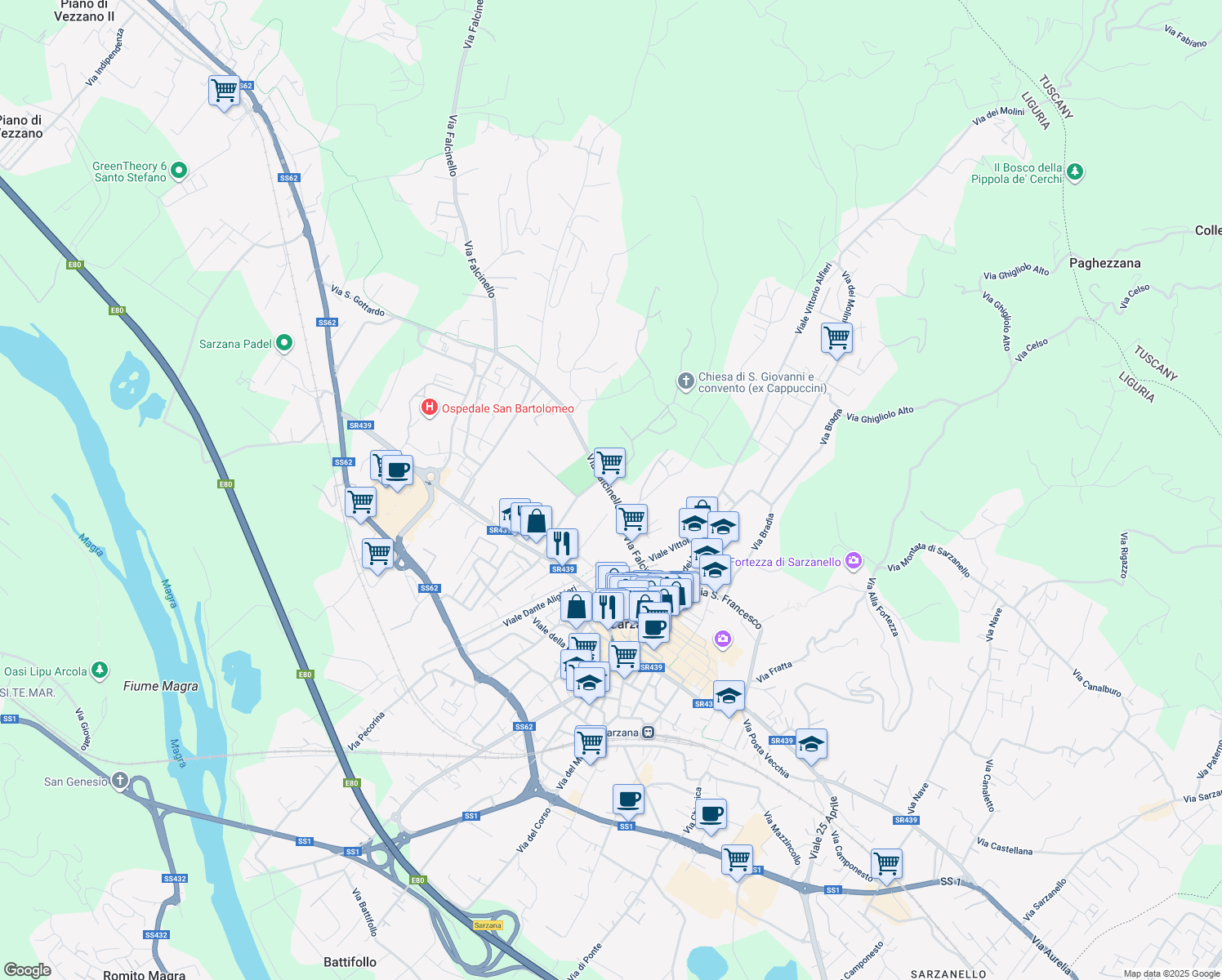 map of restaurants, bars, coffee shops, grocery stores, and more near 48 Via Falcinello in Sarzana