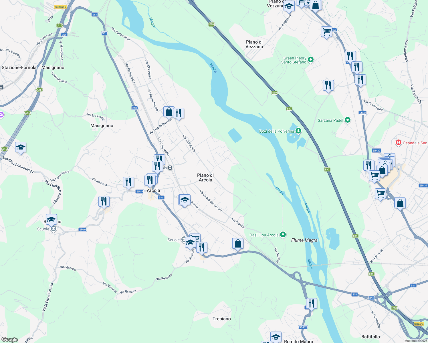 map of restaurants, bars, coffee shops, grocery stores, and more near 13 Via XXV Aprile in Piano di Arcola