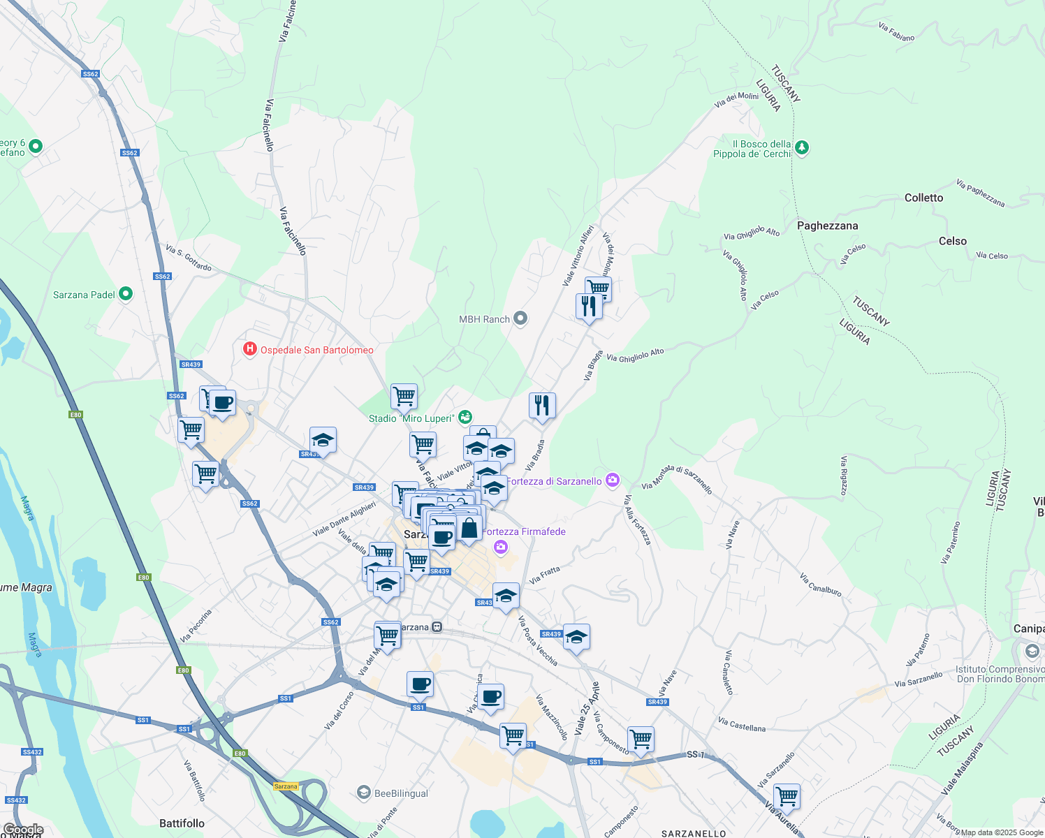 map of restaurants, bars, coffee shops, grocery stores, and more near 101 Via dei Molini in Sarzana