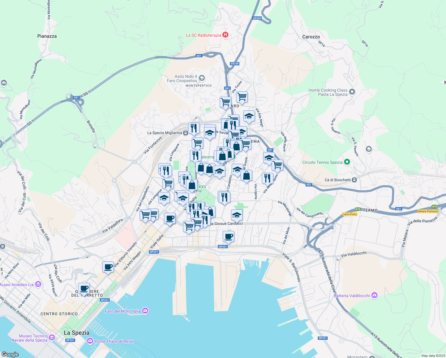 map of restaurants, bars, coffee shops, grocery stores, and more near Via Carlo Alberto Naef in La Spezia