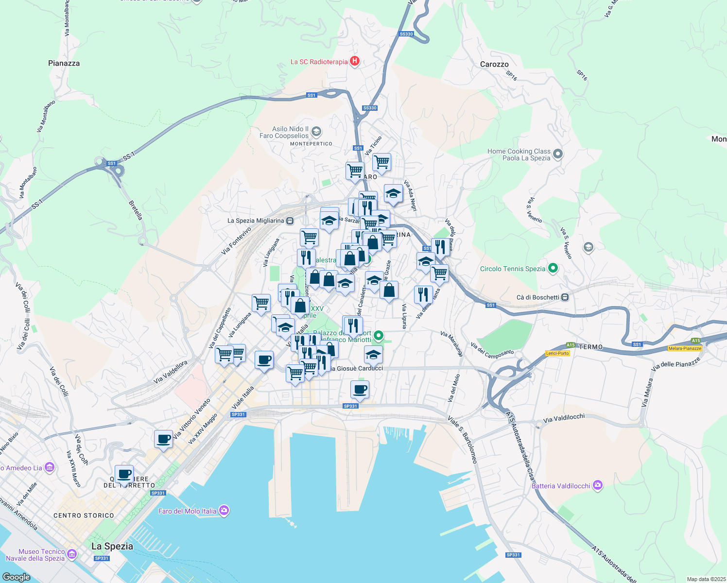 map of restaurants, bars, coffee shops, grocery stores, and more near Via Carlo Alberto Naef in La Spezia