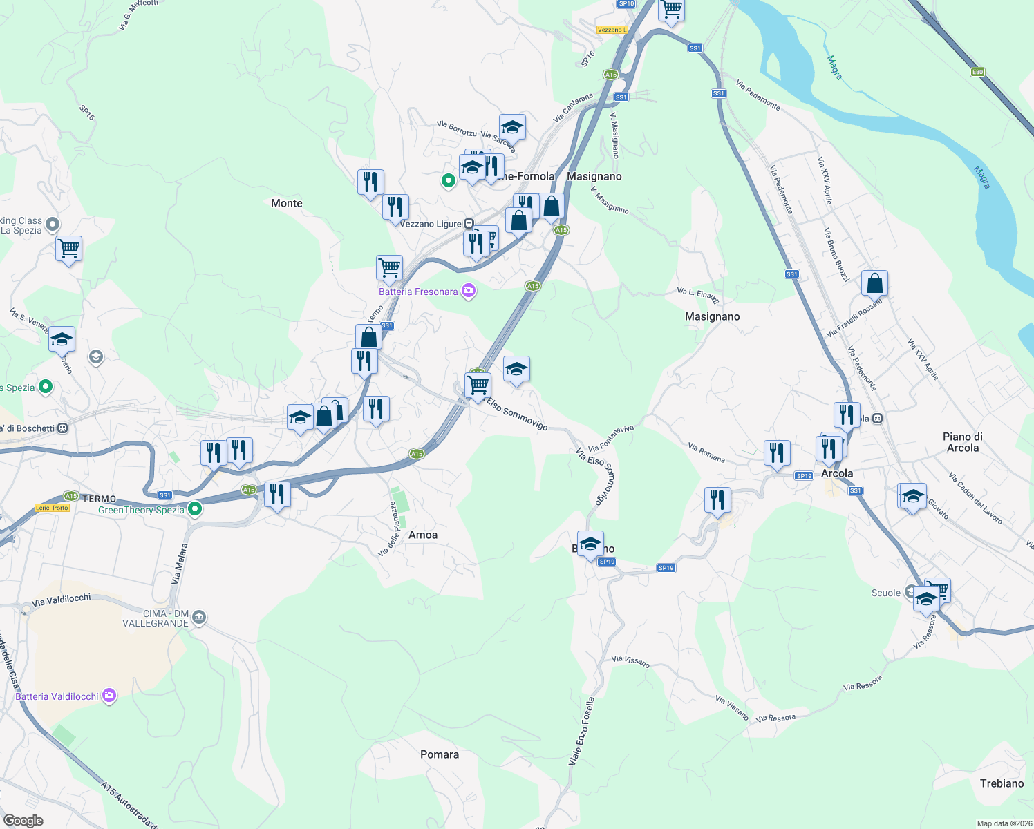 map of restaurants, bars, coffee shops, grocery stores, and more near 3 Via Fosella in Arcola