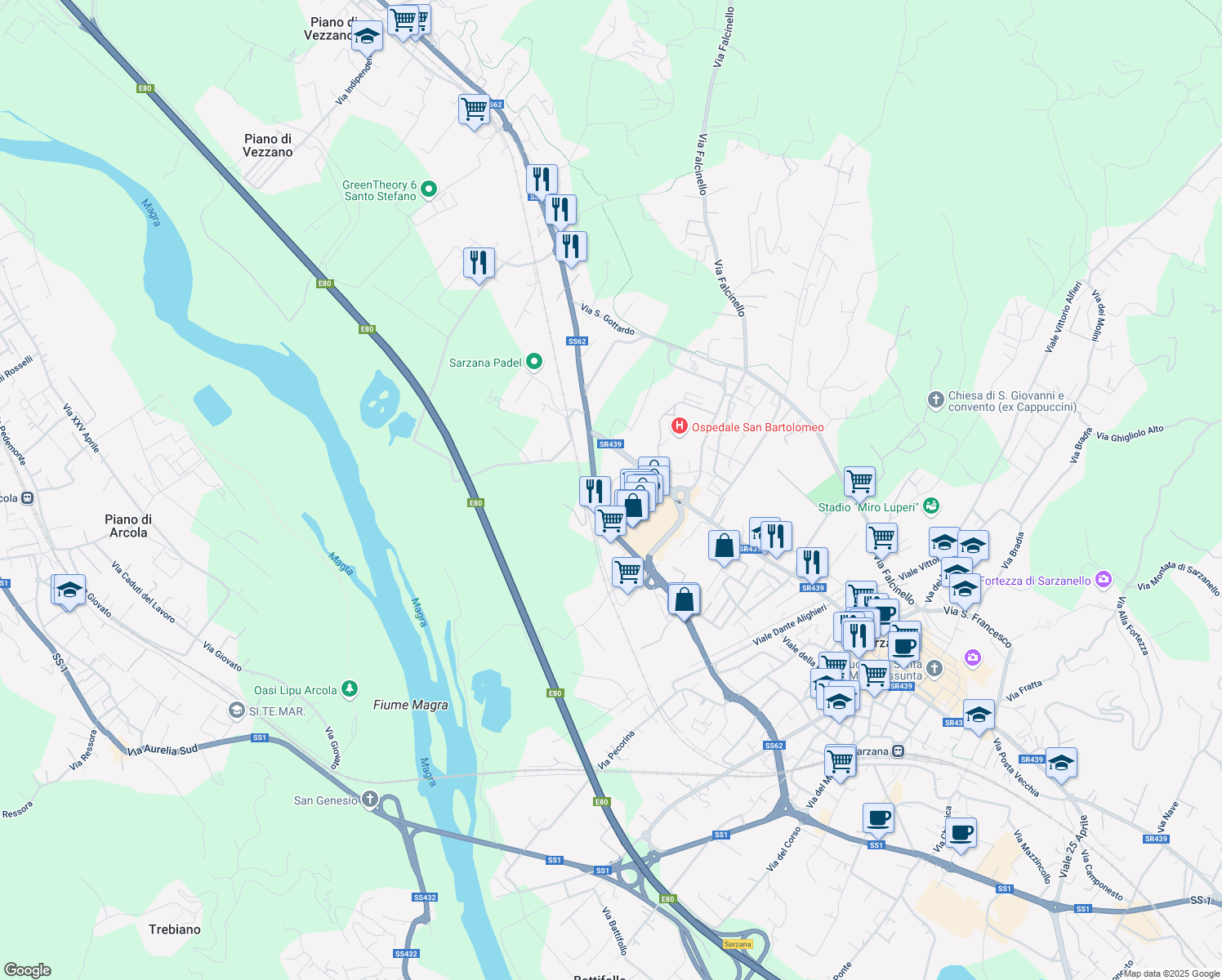 map of restaurants, bars, coffee shops, grocery stores, and more near 11 Via Radetta in Sarzana