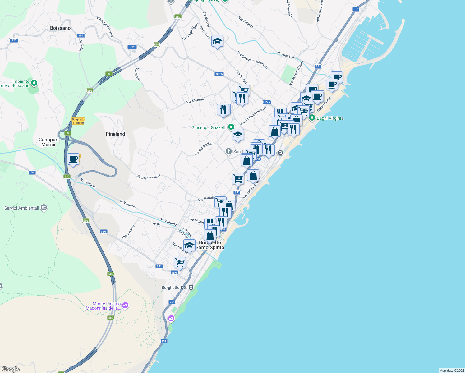 map of restaurants, bars, coffee shops, grocery stores, and more near 4 Via Aurelia in Loano