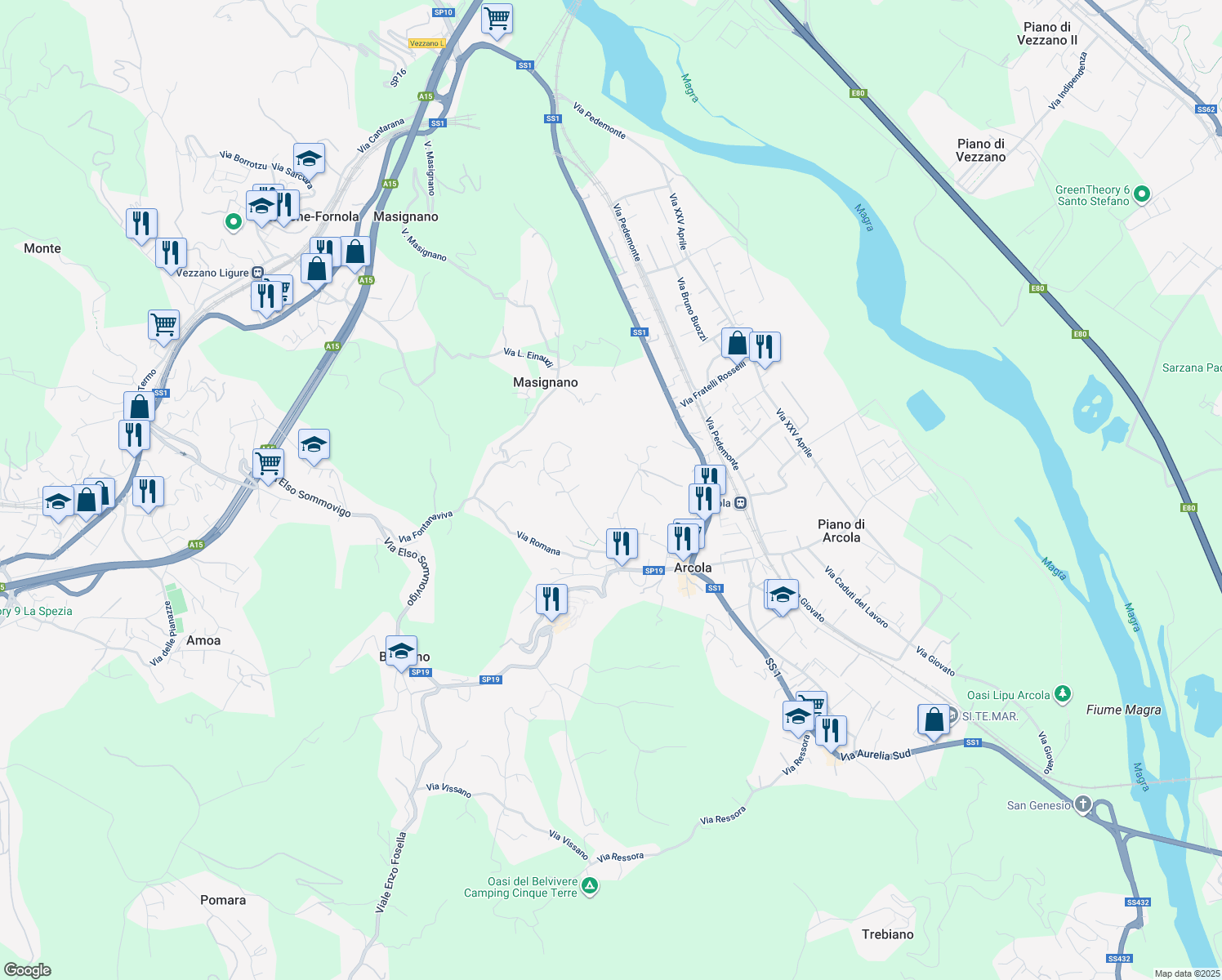 map of restaurants, bars, coffee shops, grocery stores, and more near 38 Via Gaggiano in Arcola