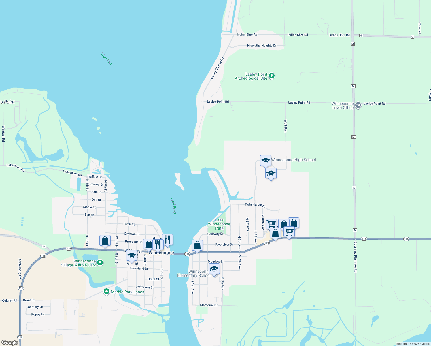 map of restaurants, bars, coffee shops, grocery stores, and more near 245 Twin Harbor Dr in Winneconne