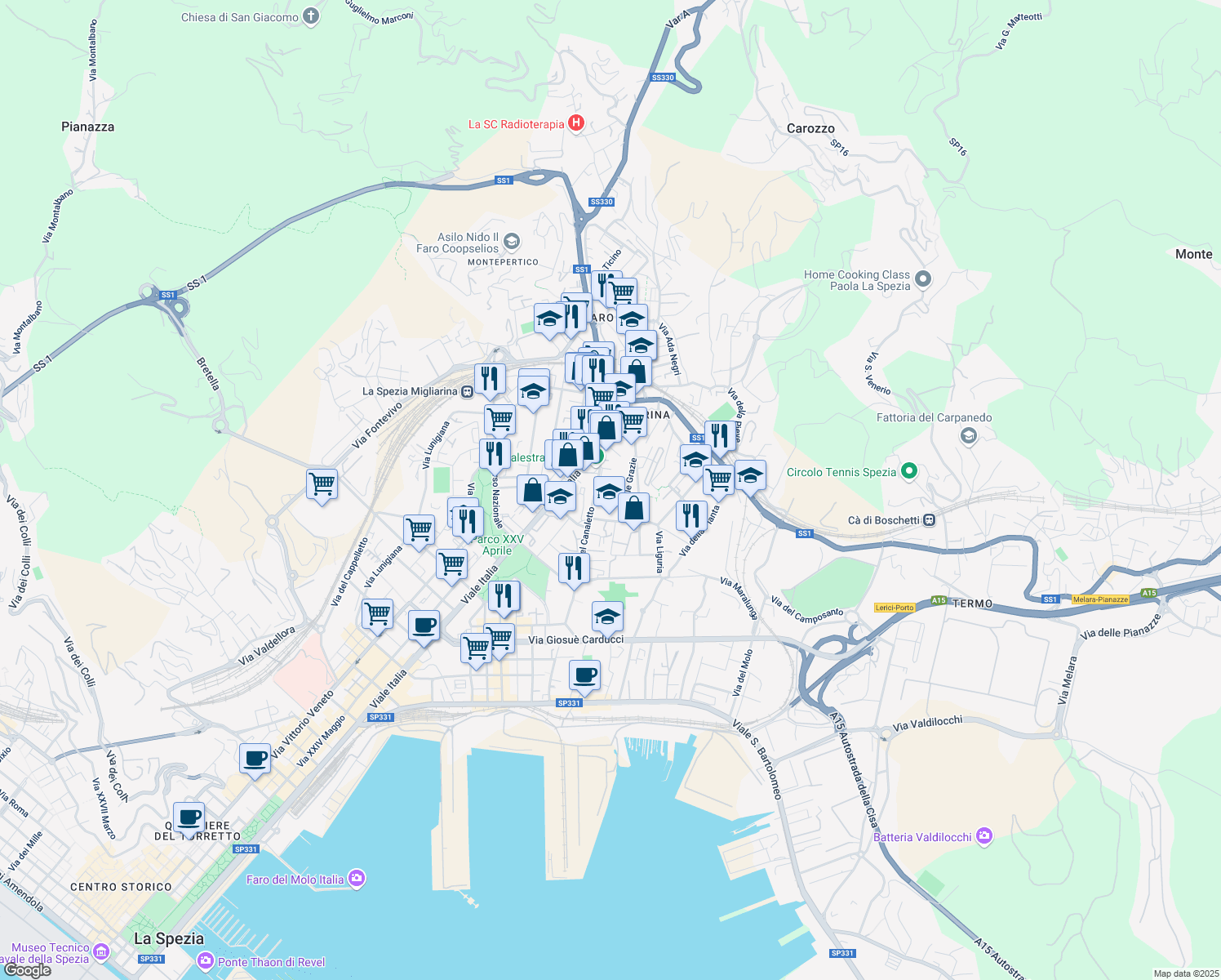 map of restaurants, bars, coffee shops, grocery stores, and more near 25 Via Giacomo Bracelli in La Spezia