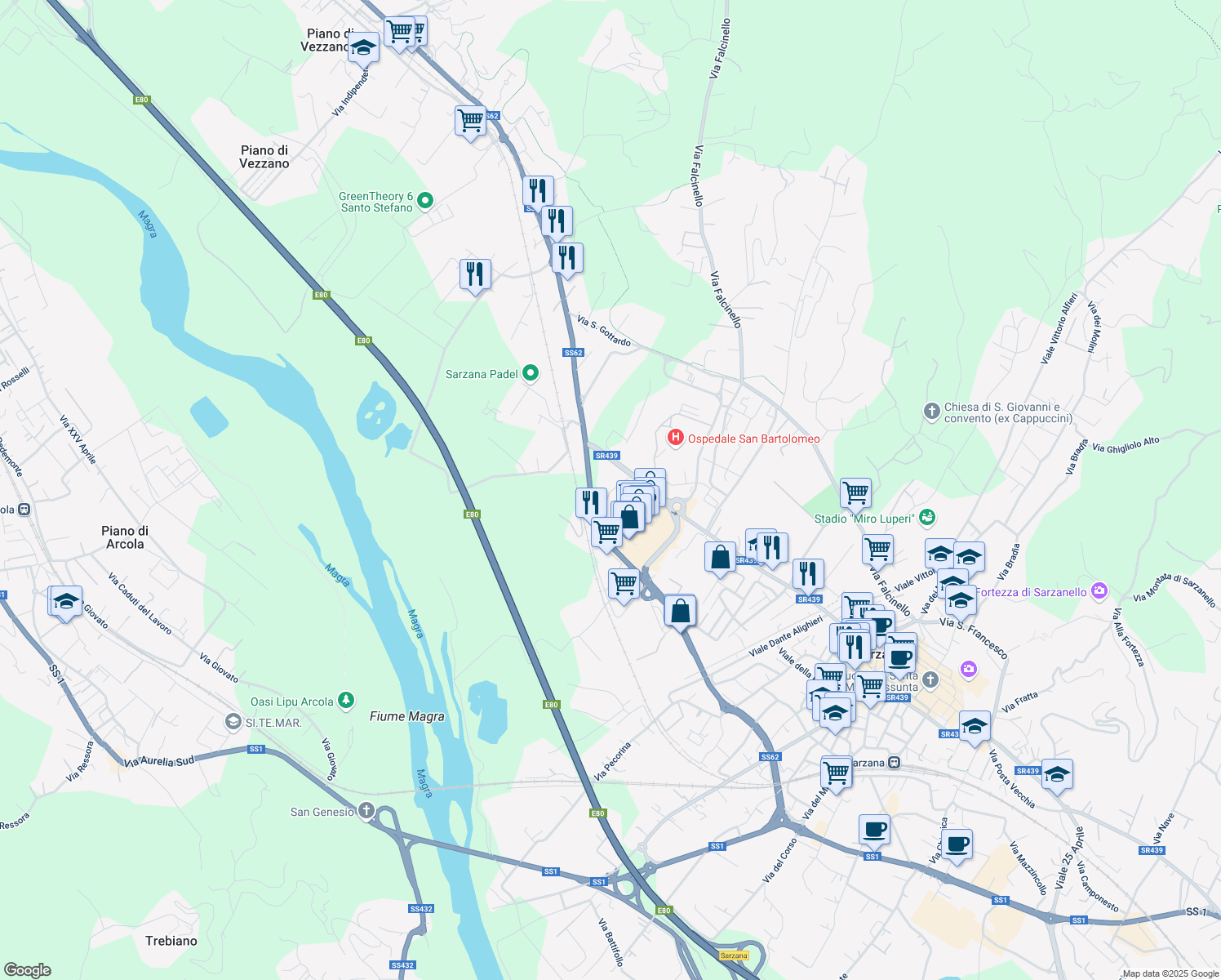 map of restaurants, bars, coffee shops, grocery stores, and more near 11 Via Radetta in Sarzana