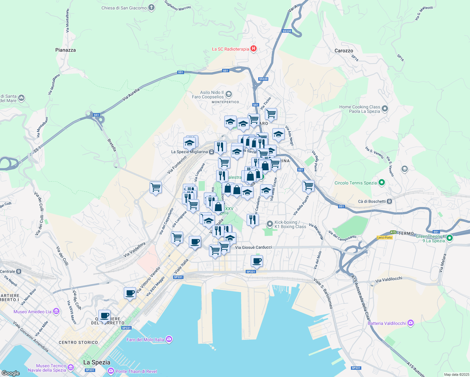 map of restaurants, bars, coffee shops, grocery stores, and more near 12 Stradone D'Oria in La Spezia