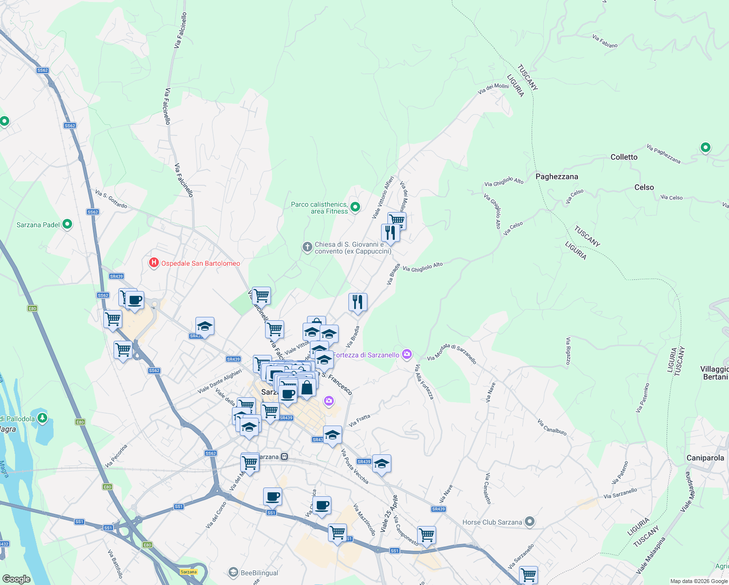 map of restaurants, bars, coffee shops, grocery stores, and more near 62 Via dei Molini in Sarzana