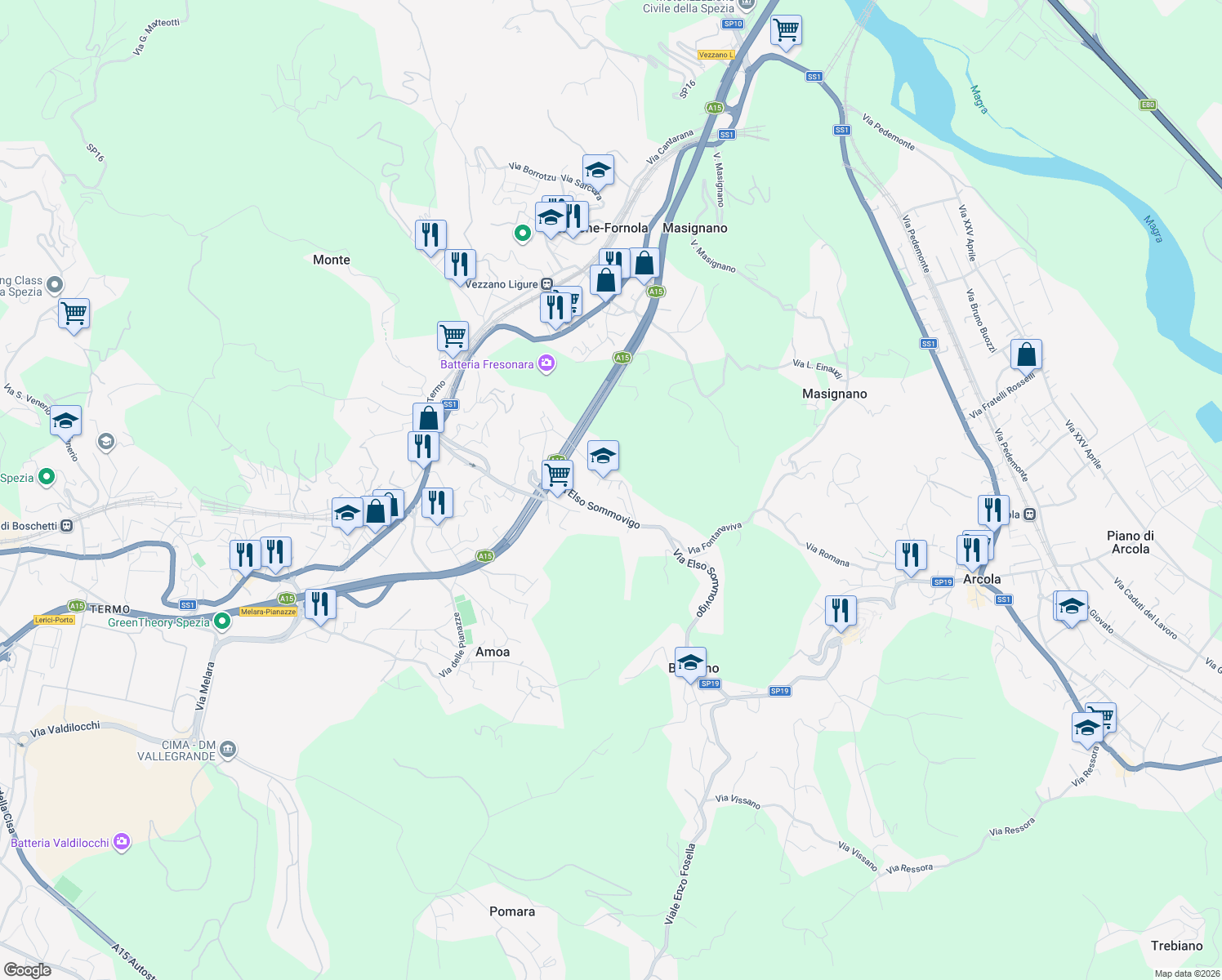 map of restaurants, bars, coffee shops, grocery stores, and more near 3 Via Fosella in Arcola