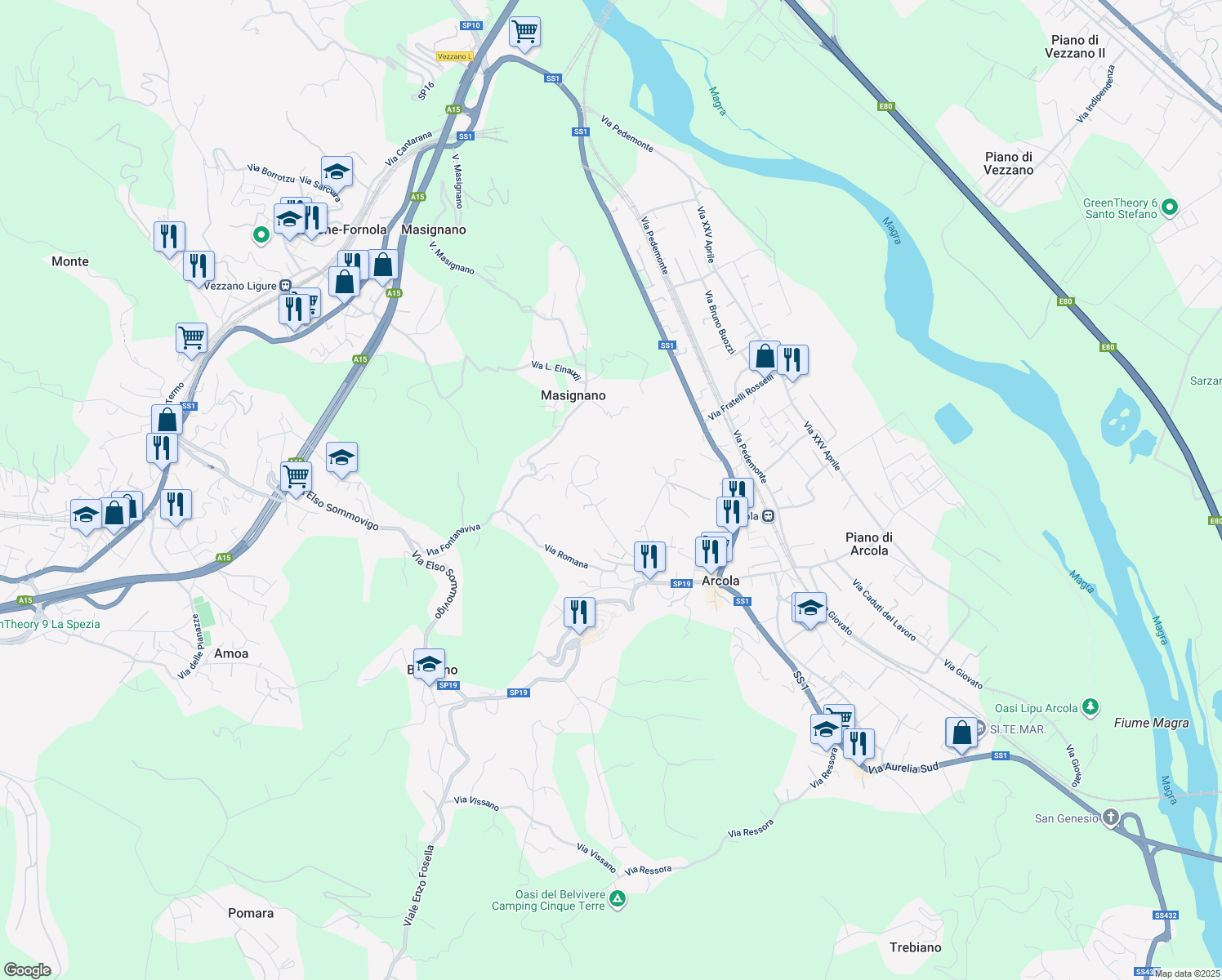 map of restaurants, bars, coffee shops, grocery stores, and more near 38 Via Gaggiano in Arcola