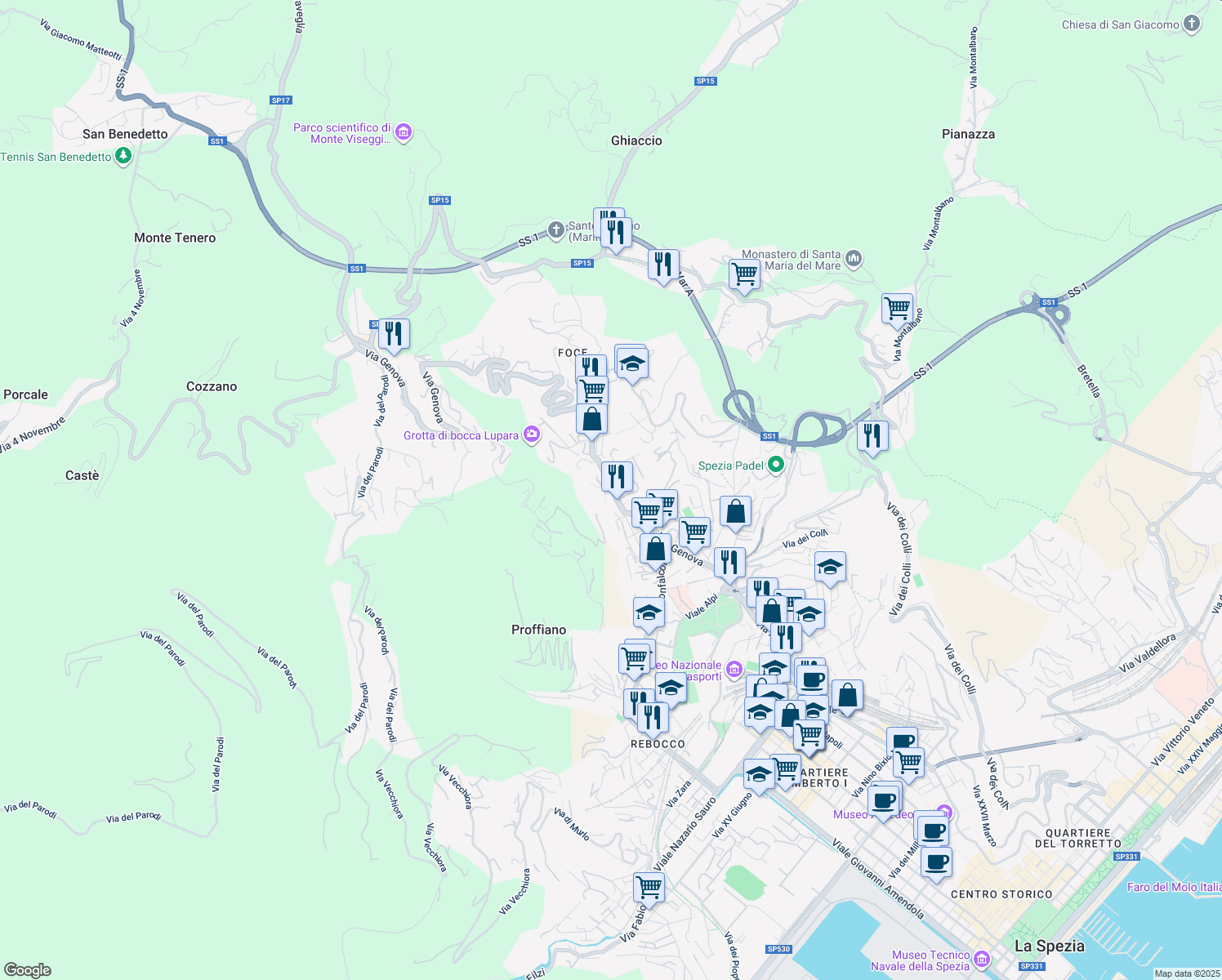 map of restaurants, bars, coffee shops, grocery stores, and more near 203 Via Genova in La Spezia