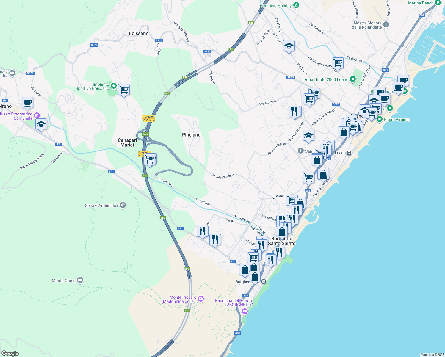 map of restaurants, bars, coffee shops, grocery stores, and more near 25 Via Frassino in Provincia di Savona