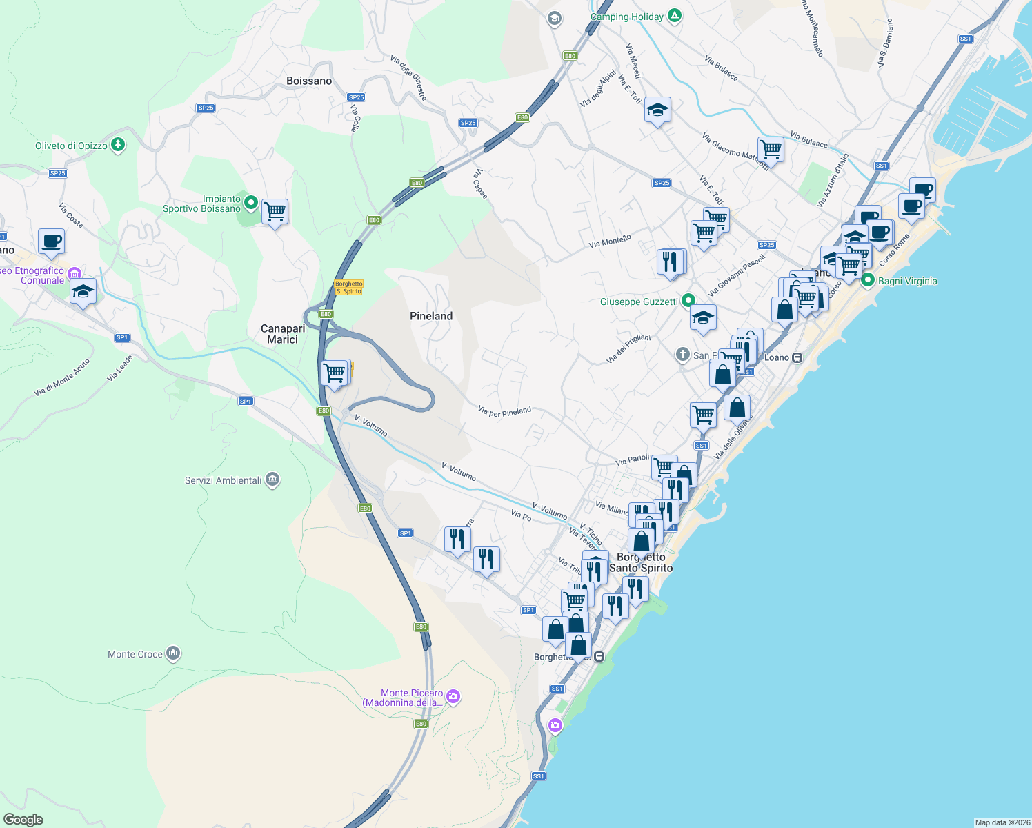 map of restaurants, bars, coffee shops, grocery stores, and more near 25 Via Frassino in Provincia di Savona