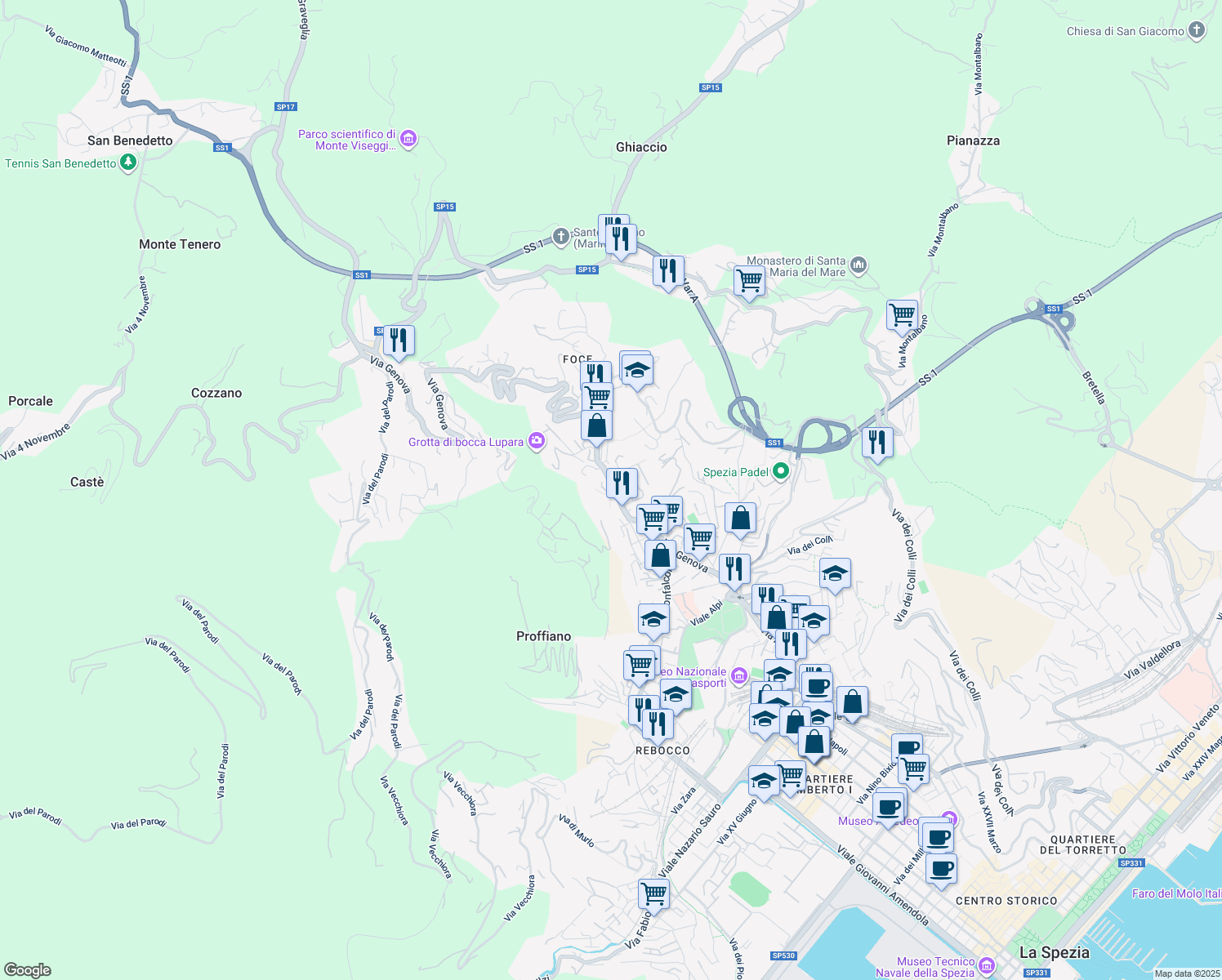 map of restaurants, bars, coffee shops, grocery stores, and more near 203 Via Genova in La Spezia