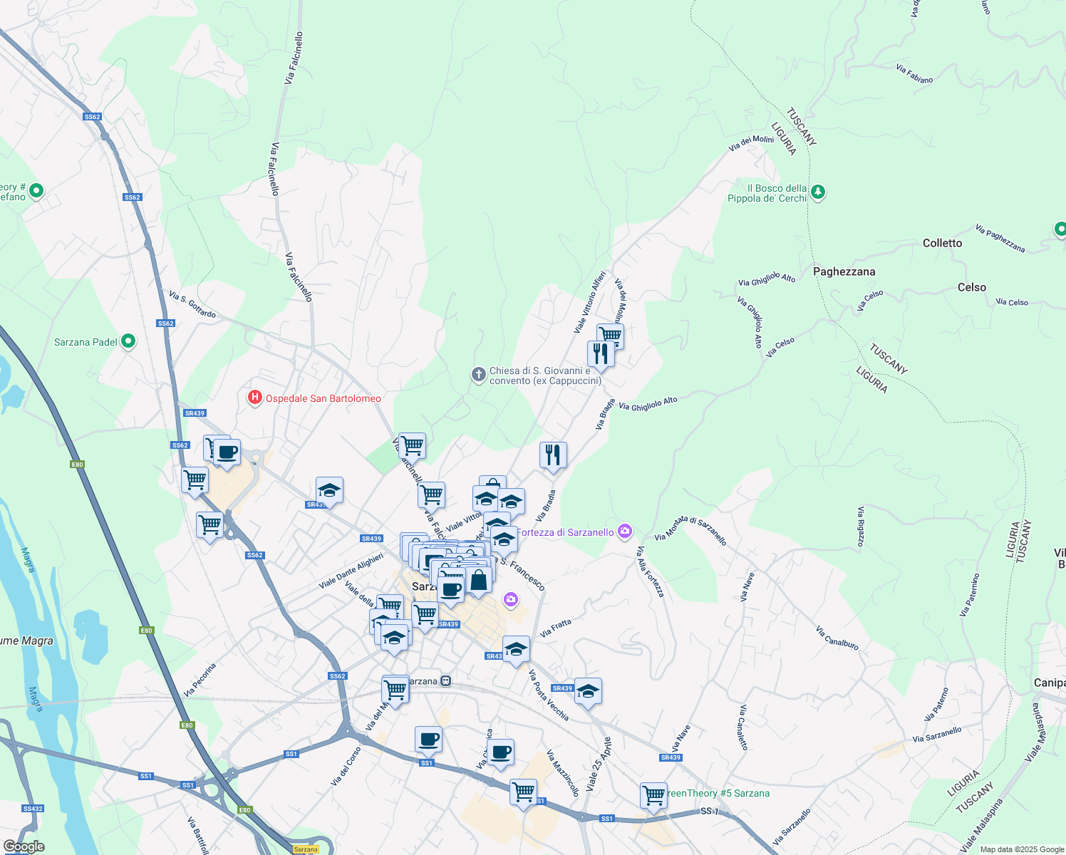 map of restaurants, bars, coffee shops, grocery stores, and more near in Sarzana