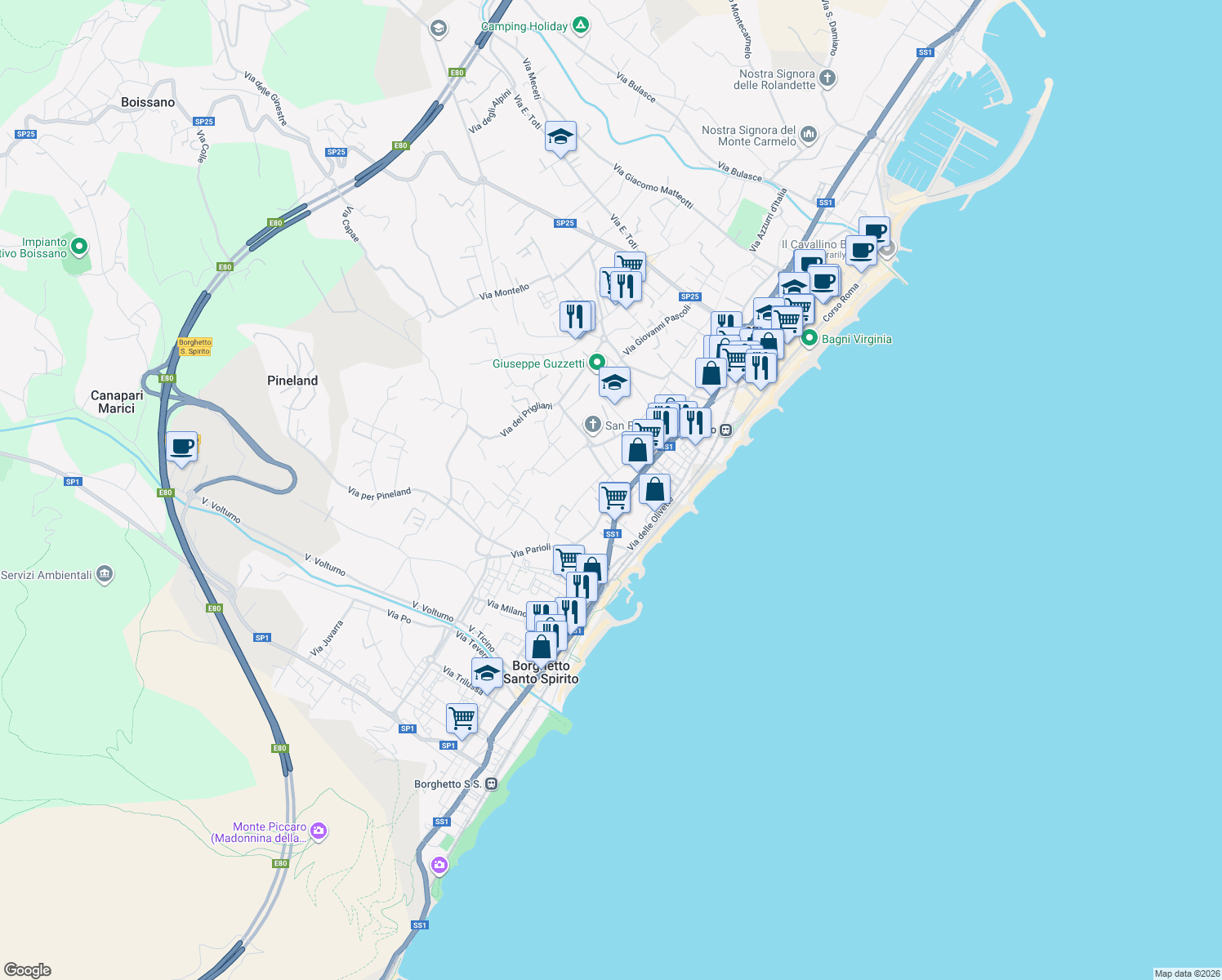 map of restaurants, bars, coffee shops, grocery stores, and more near 4 Via Aurelia in Loano