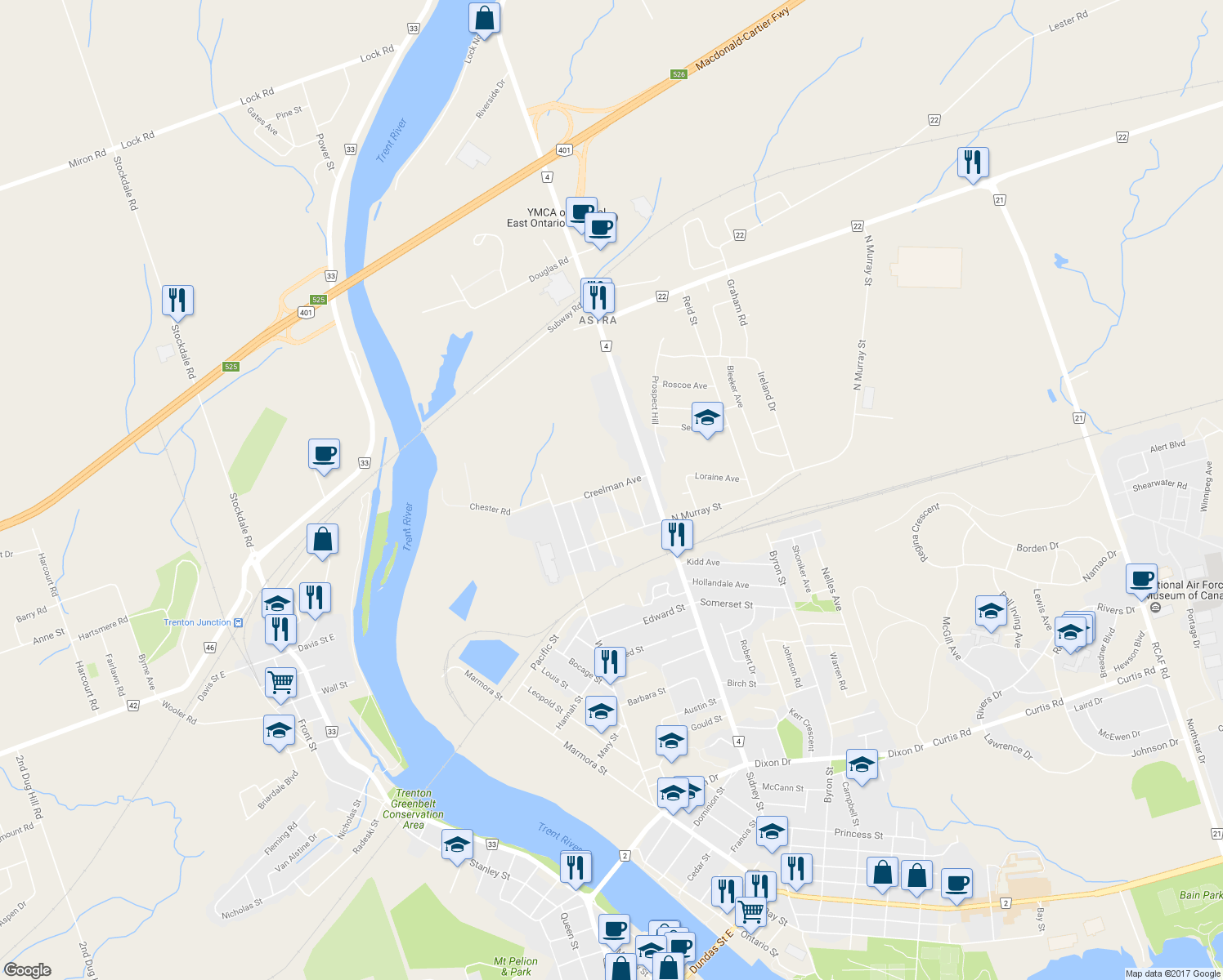 map of restaurants, bars, coffee shops, grocery stores, and more near 43 Leonard Ave in Quinte West