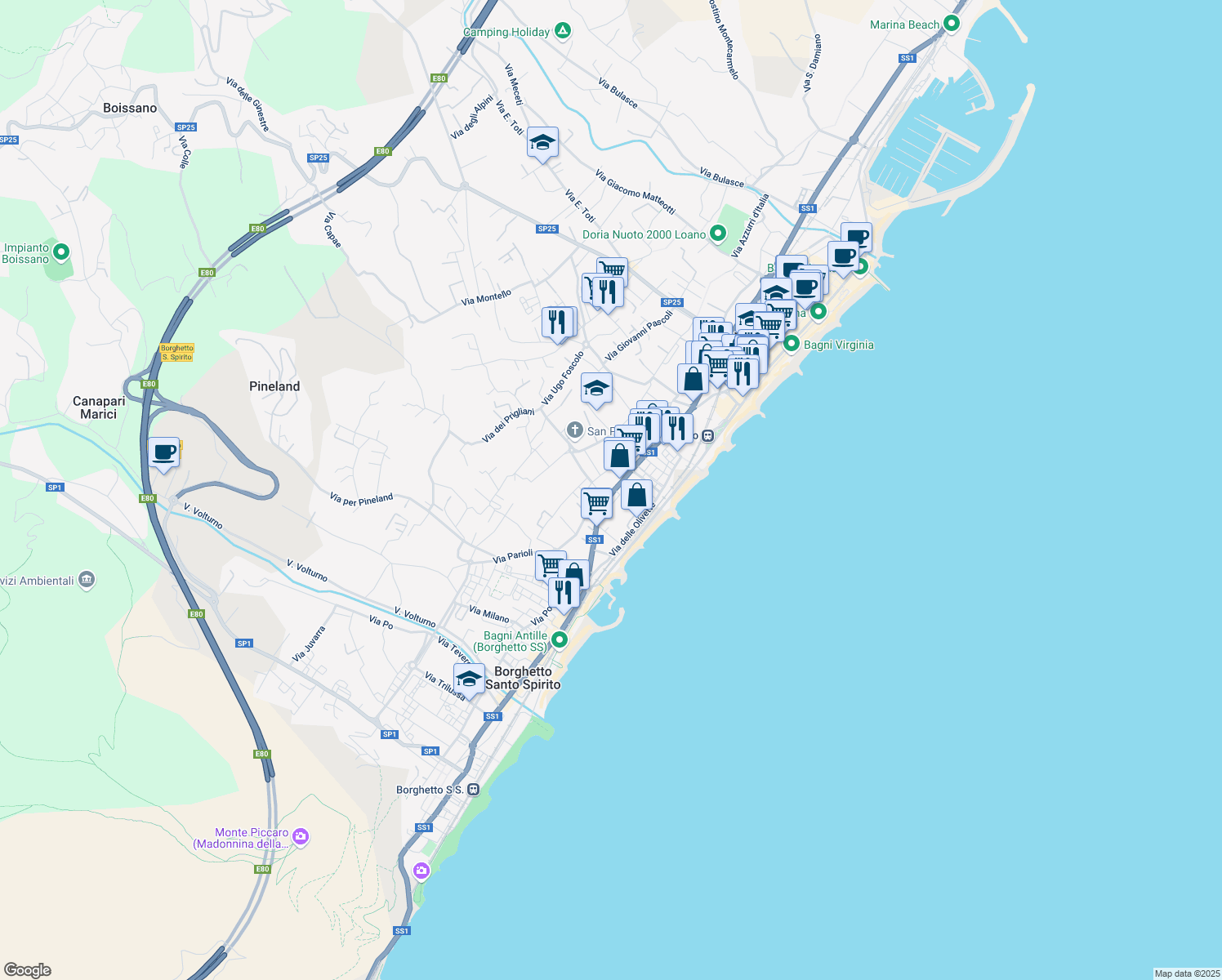 map of restaurants, bars, coffee shops, grocery stores, and more near 442 Via Aurelia in Loano