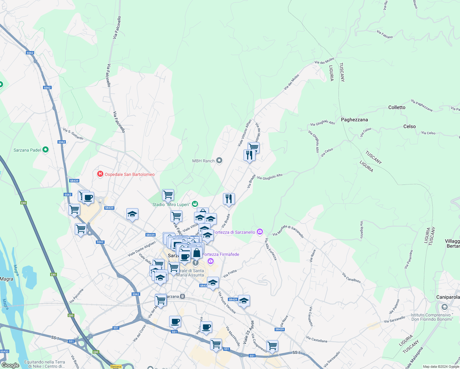 map of restaurants, bars, coffee shops, grocery stores, and more near 227 Via dei Molini in Sarzana